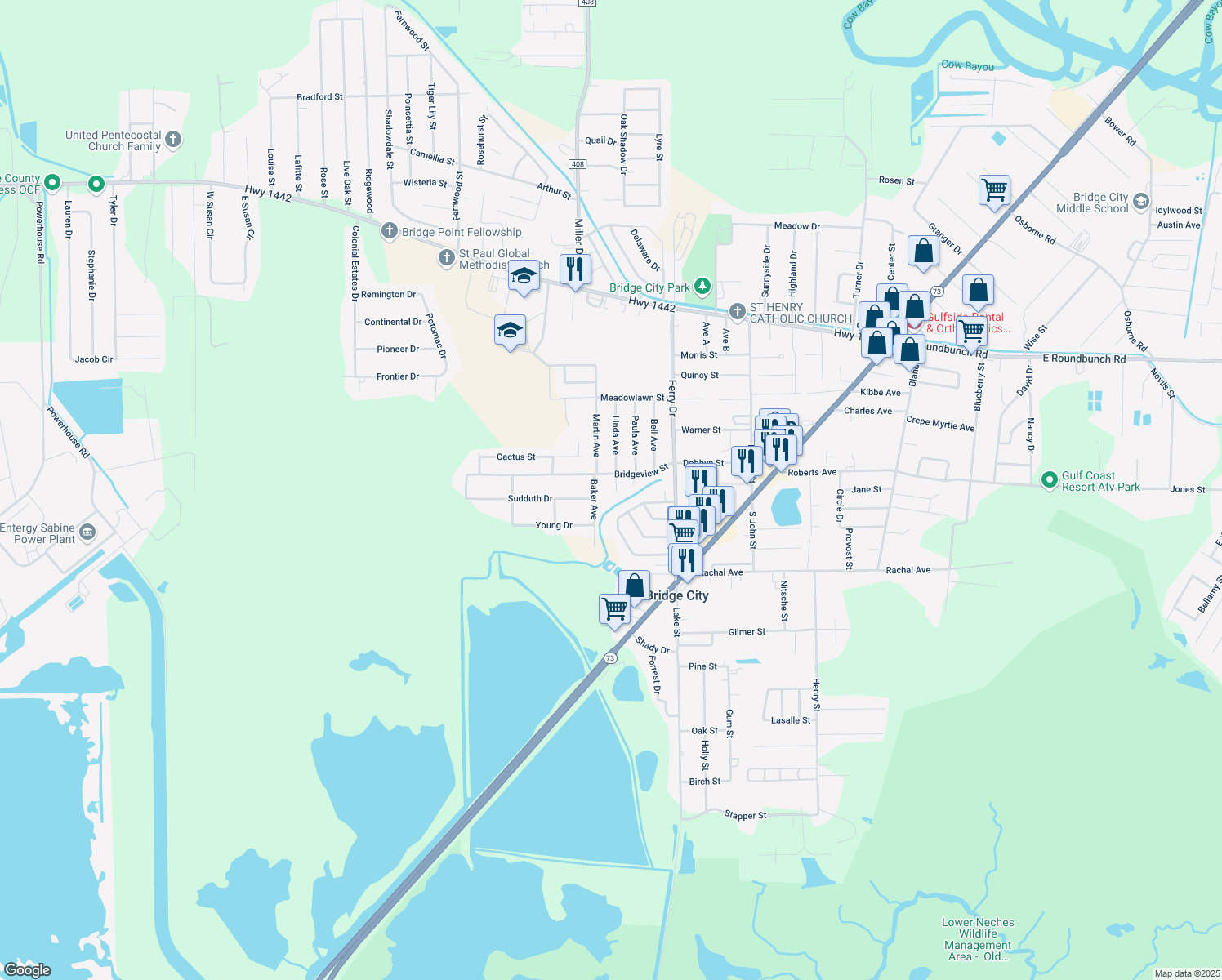 map of restaurants, bars, coffee shops, grocery stores, and more near 318 Youpon Street in Bridge City