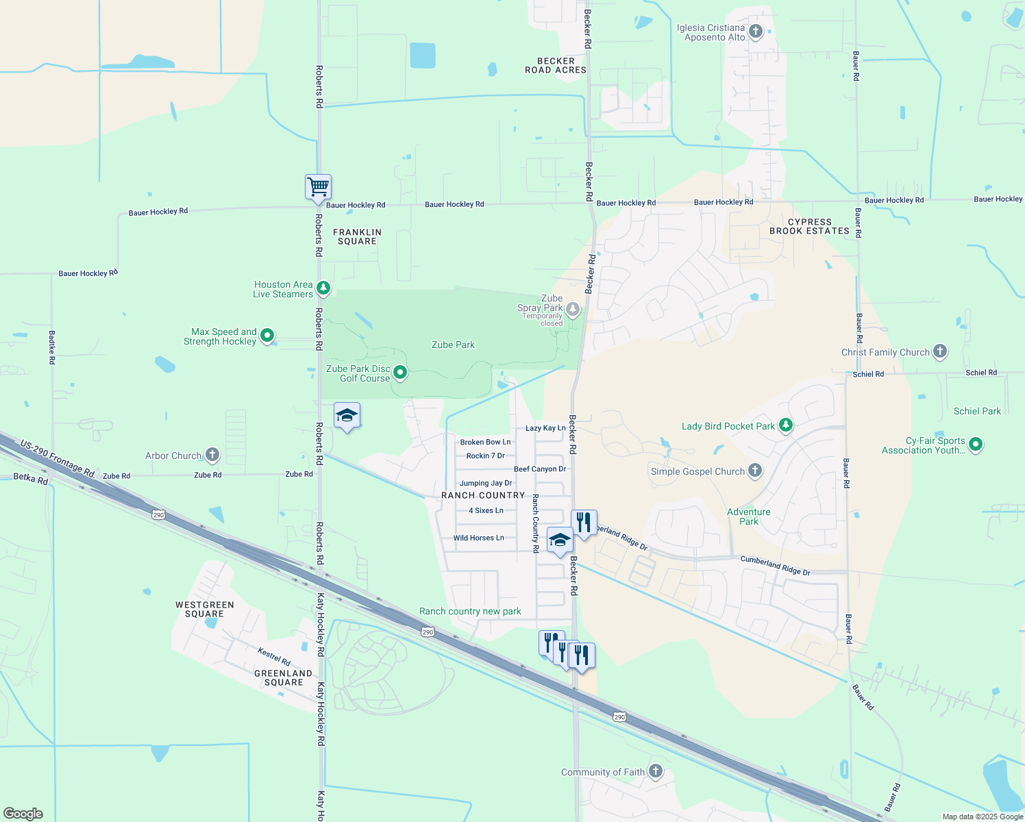 map of restaurants, bars, coffee shops, grocery stores, and more near 17823 Bullis Gap Drive in Hockley