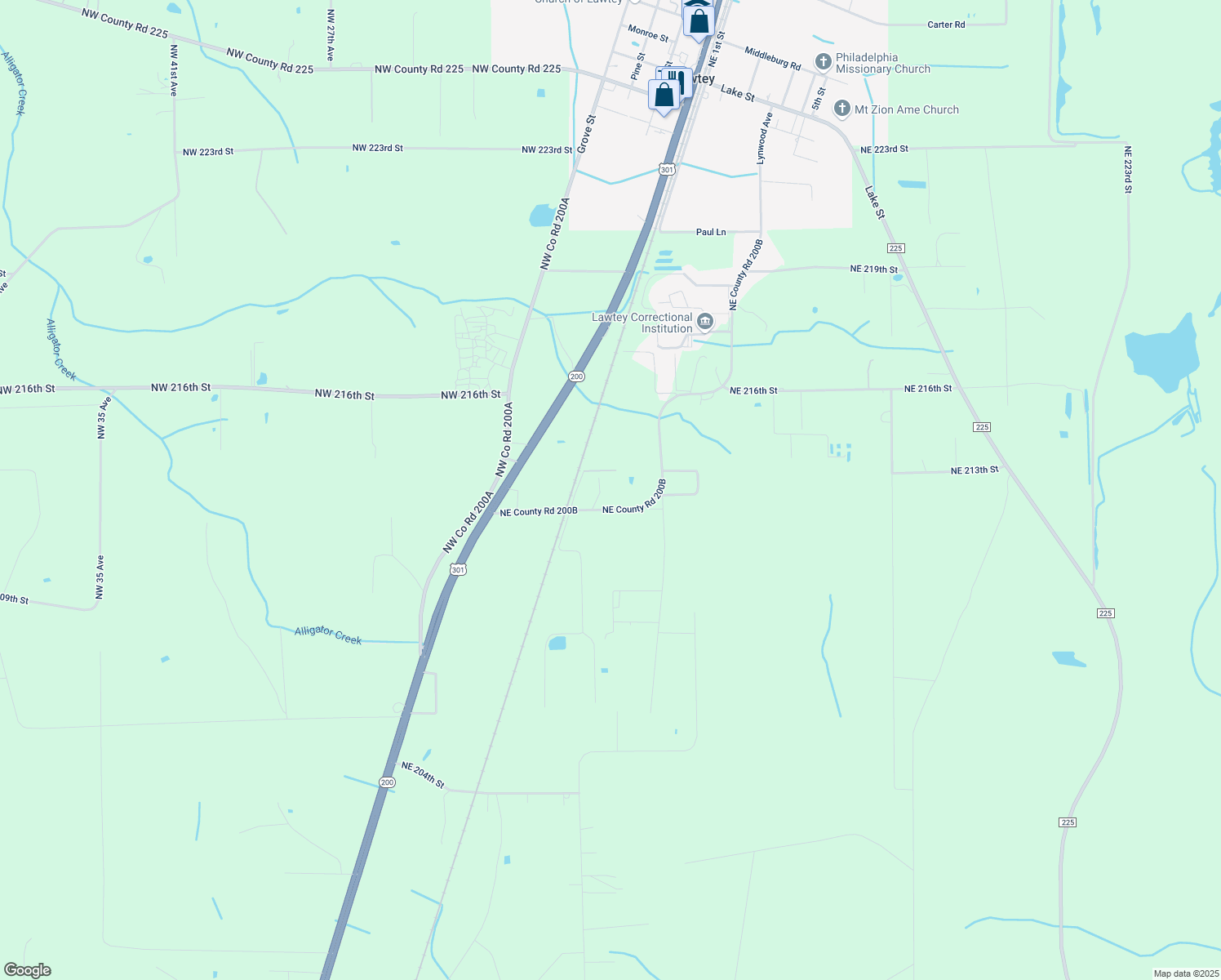 map of restaurants, bars, coffee shops, grocery stores, and more near 21492 Northeast County Road 200B in Lawtey