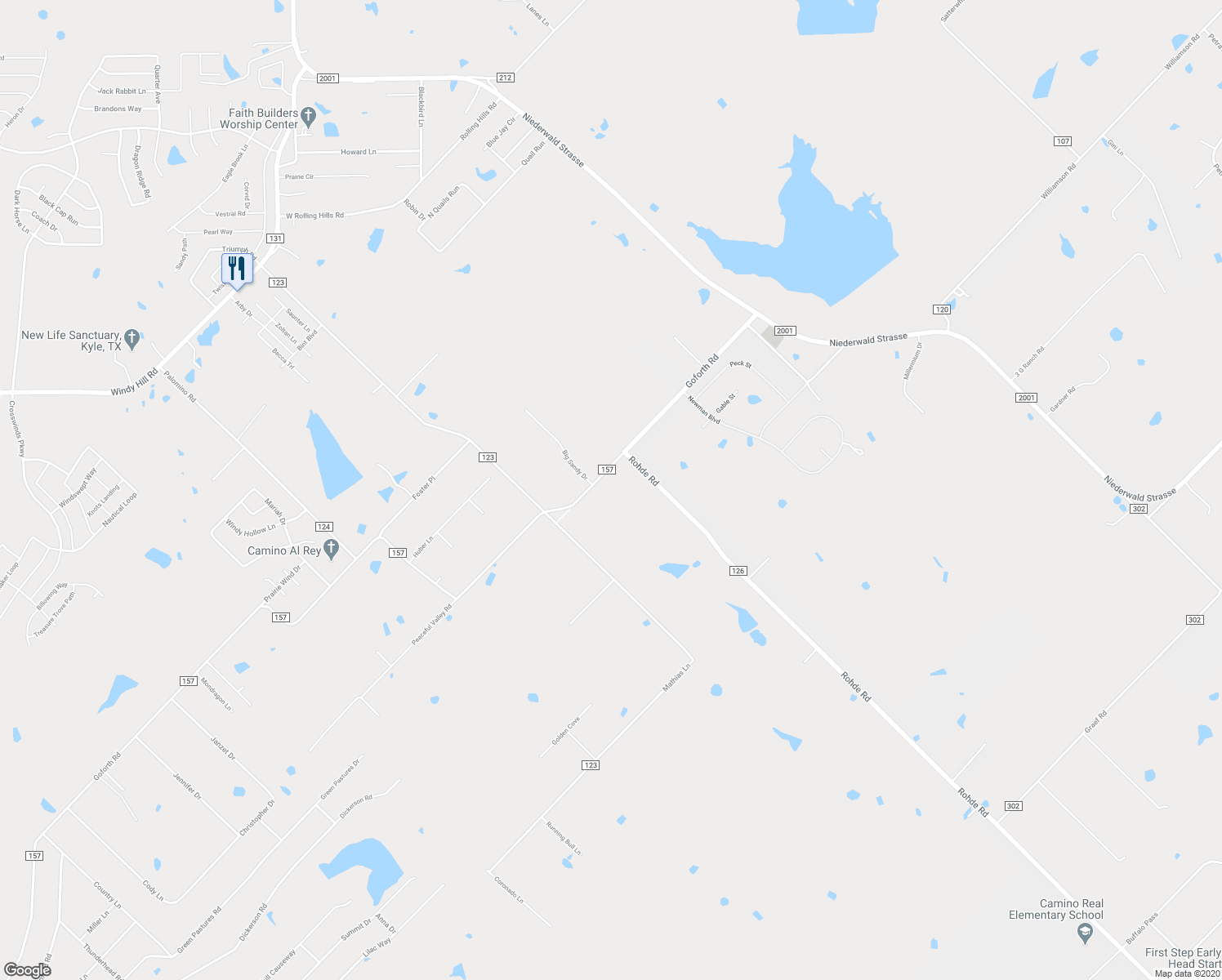 map of restaurants, bars, coffee shops, grocery stores, and more near 4500 Goforth Road in Kyle