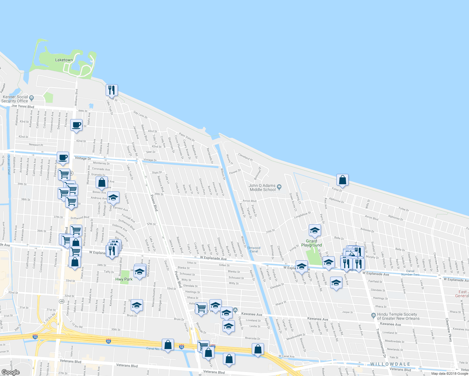 map of restaurants, bars, coffee shops, grocery stores, and more near 5101 Academy Drive in Metairie