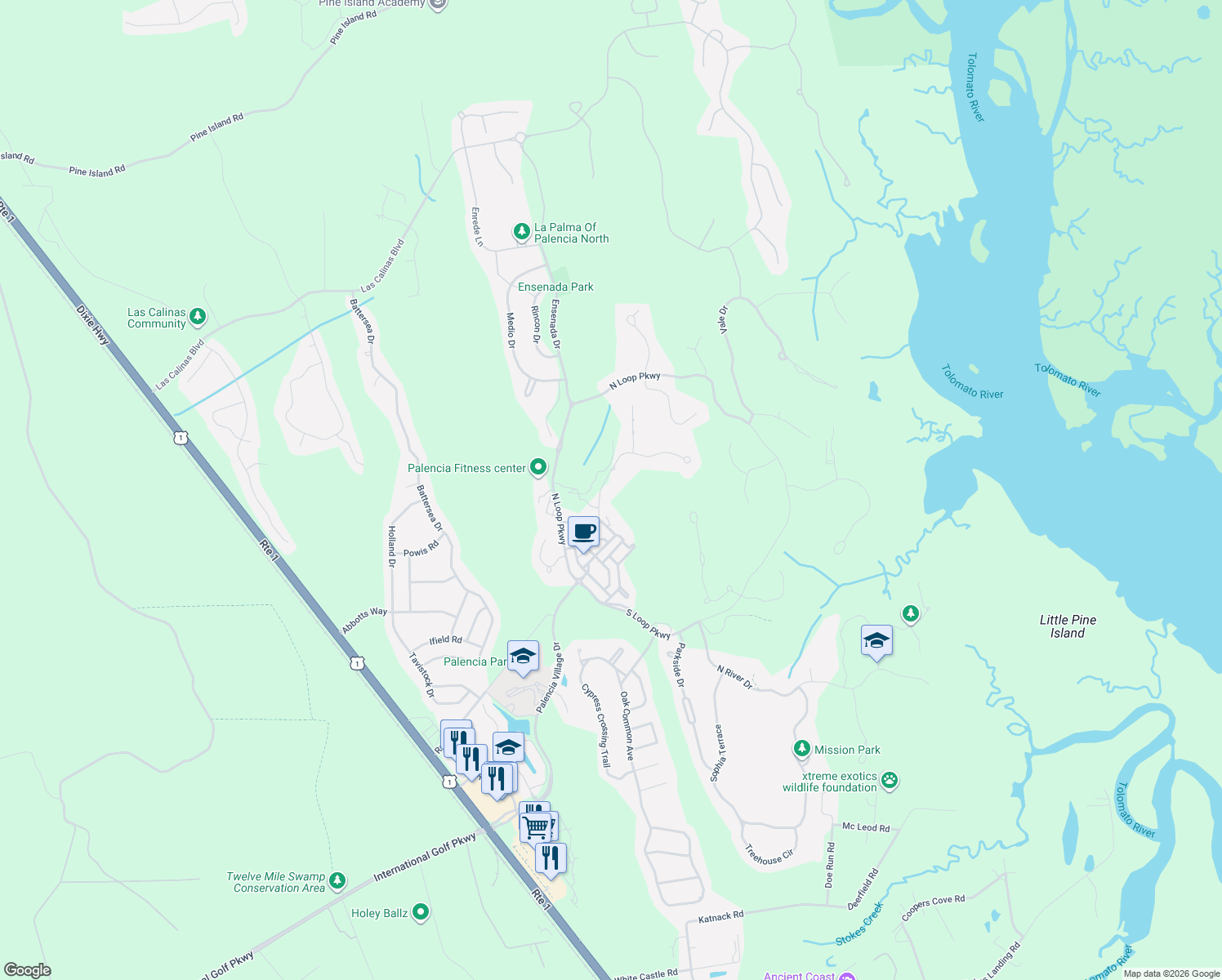 map of restaurants, bars, coffee shops, grocery stores, and more near 680 Promenade Pointe Drive in St. Augustine