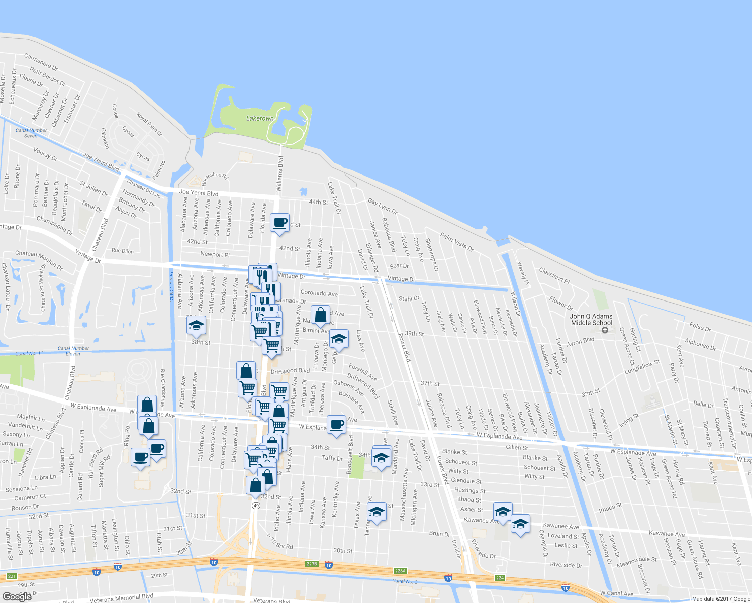 map of restaurants, bars, coffee shops, grocery stores, and more near 5128 David Drive in Kenner