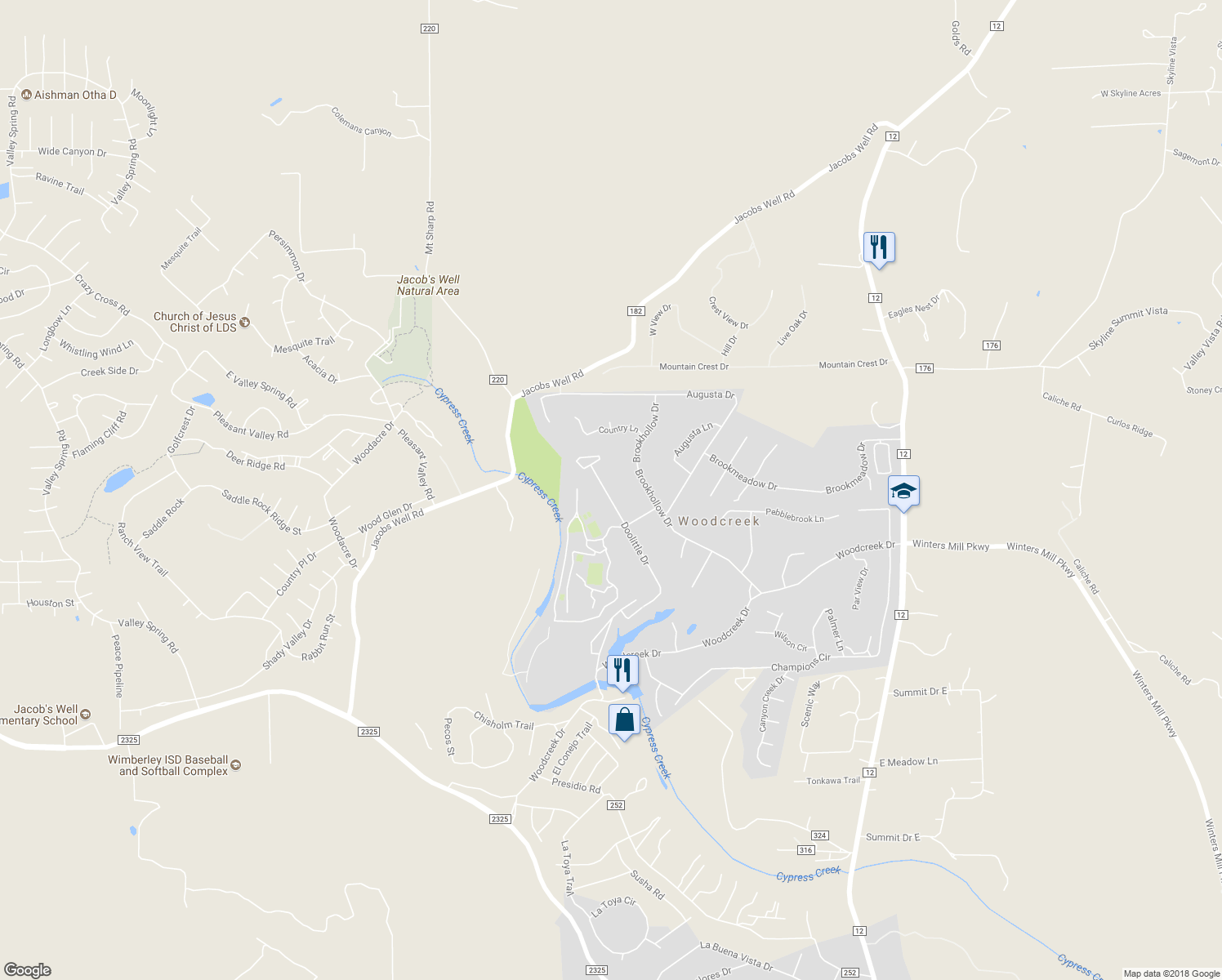 map of restaurants, bars, coffee shops, grocery stores, and more near 47 Doolittle Drive in Wimberley