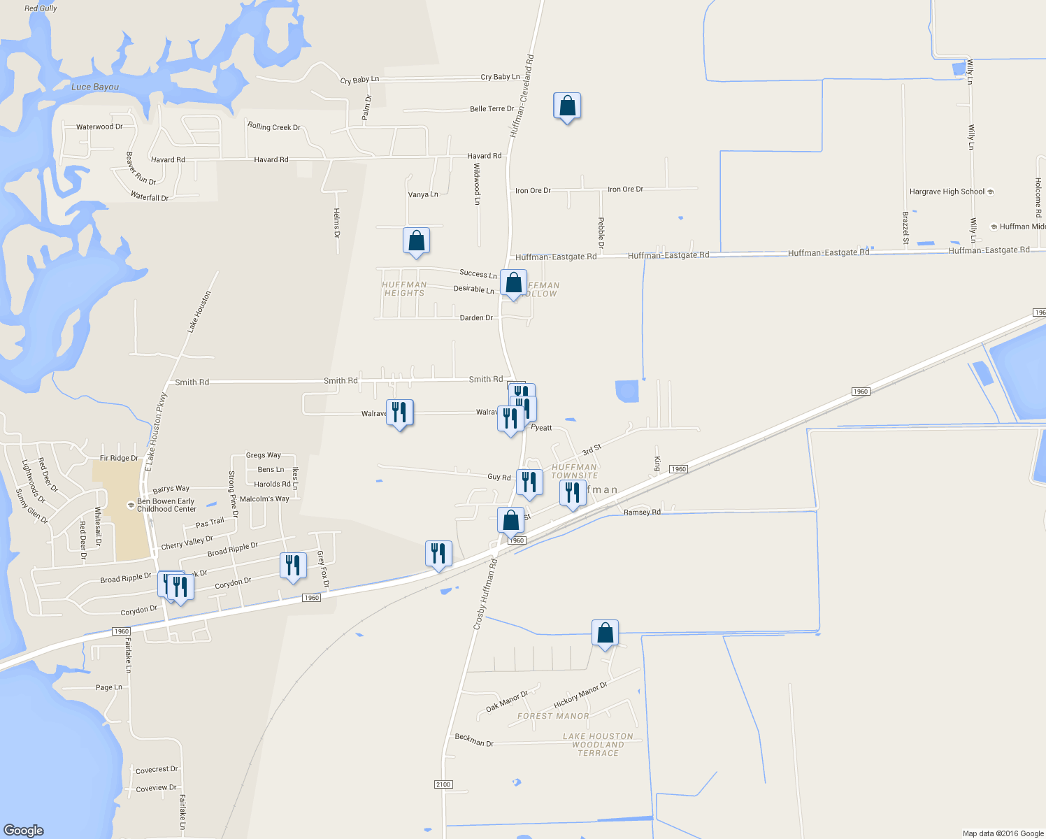 map of restaurants, bars, coffee shops, grocery stores, and more near 24501 Farm to Market 2100 in Huffman