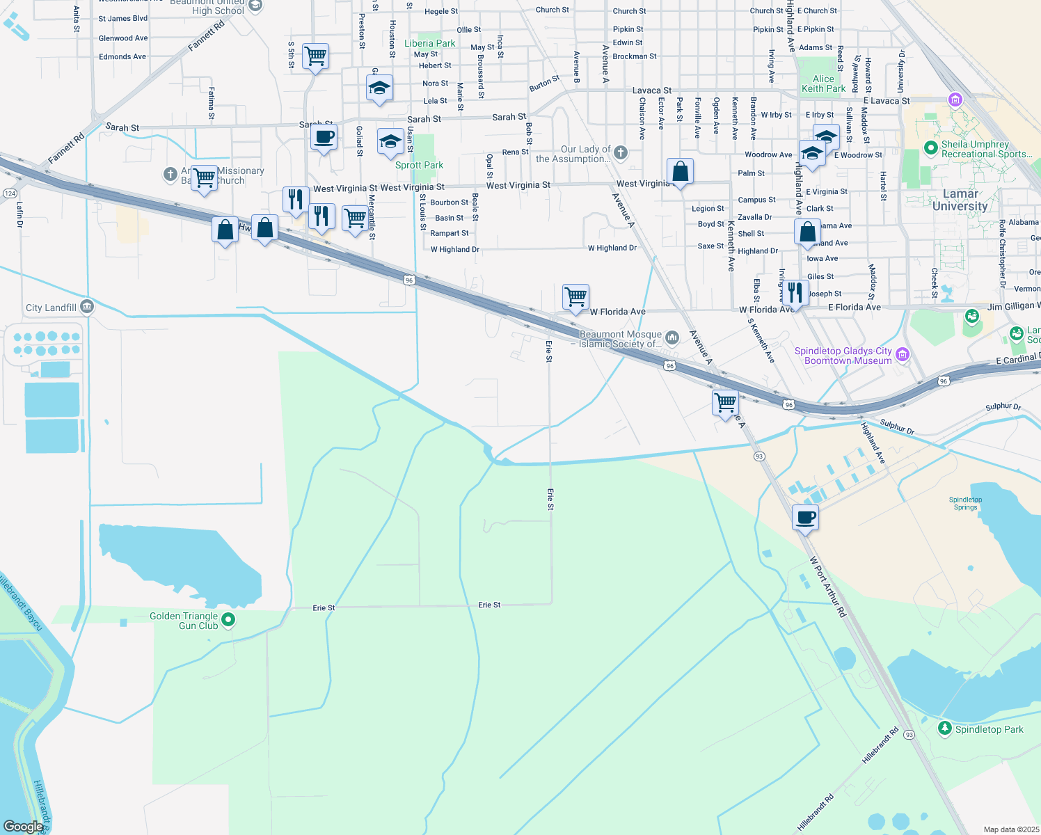 map of restaurants, bars, coffee shops, grocery stores, and more near 1910 Chambless Drive in Beaumont