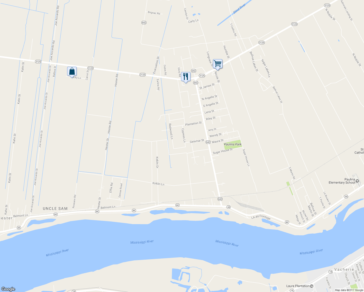 map of restaurants, bars, coffee shops, grocery stores, and more near 3465 Cypress Lane in Paulina