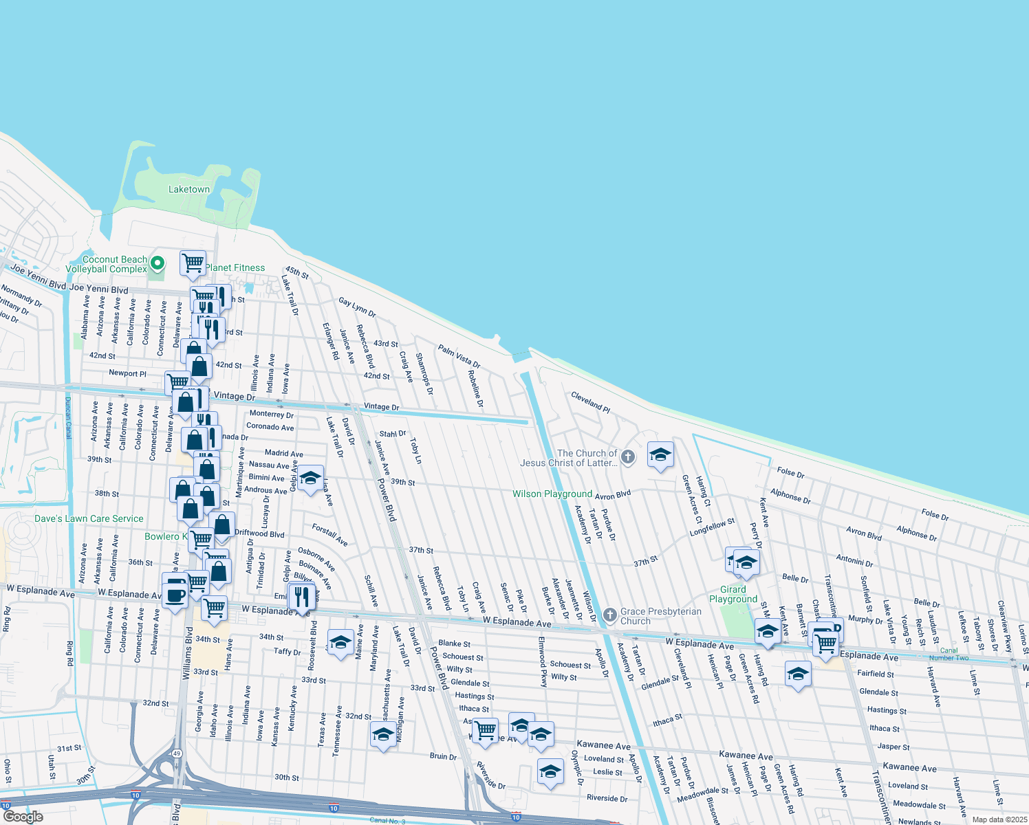 map of restaurants, bars, coffee shops, grocery stores, and more near 5305 Reclanada Drive in Metairie