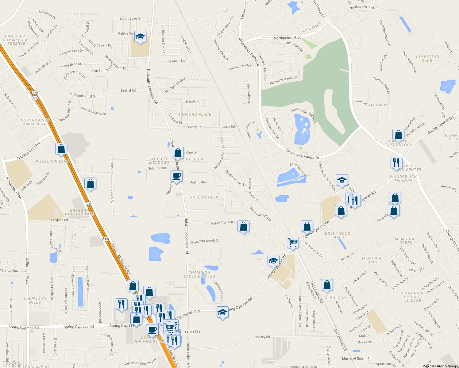 map of restaurants, bars, coffee shops, grocery stores, and more near 18318 Memorial Springs Pass in Tomball
