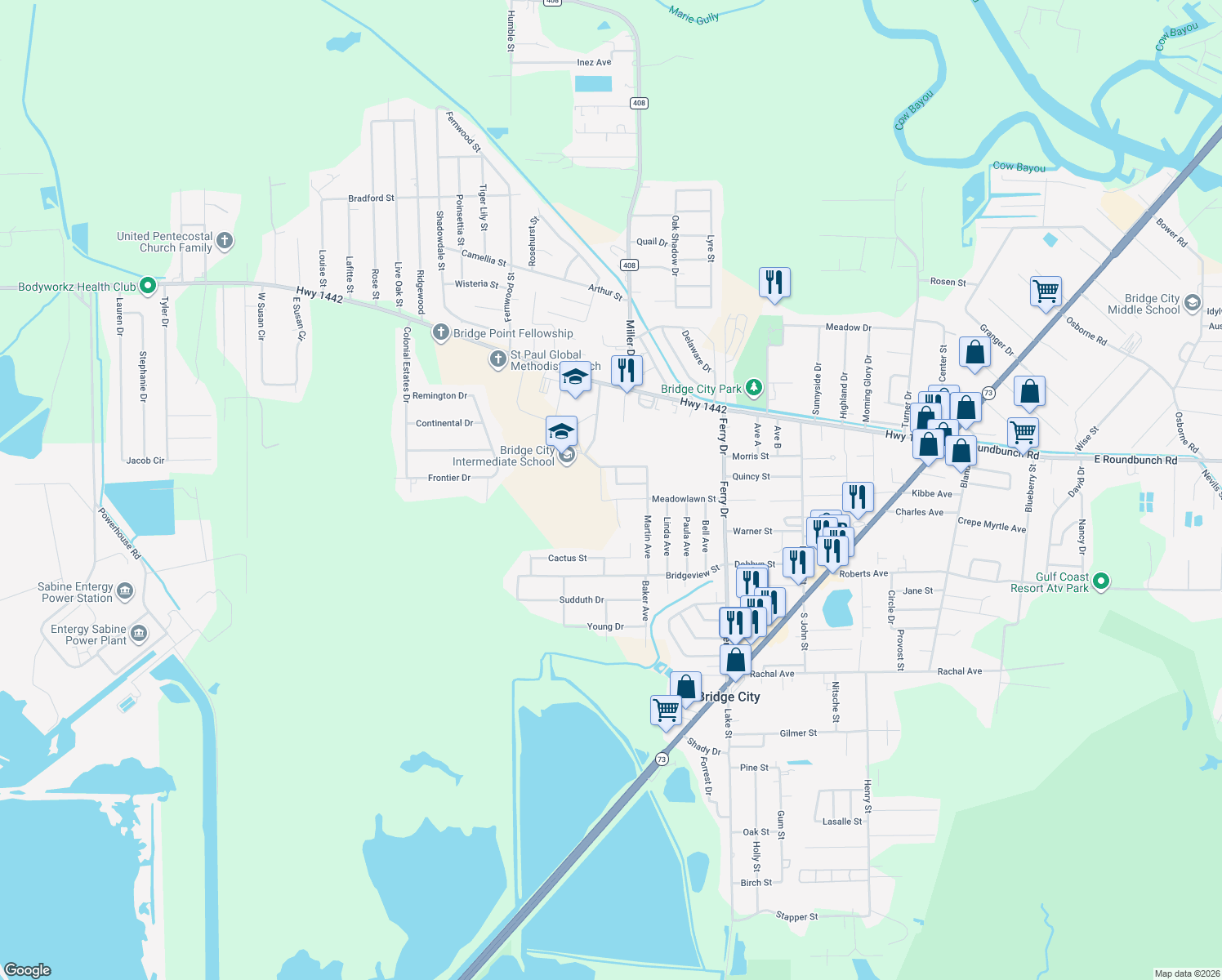 map of restaurants, bars, coffee shops, grocery stores, and more near 665 Winchester Dr in Bridge City