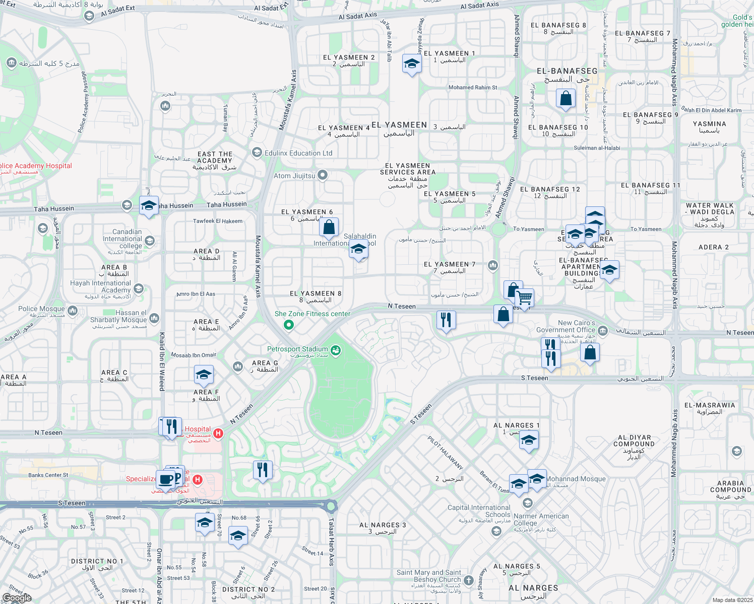 map of restaurants, bars, coffee shops, grocery stores, and more near فيلا ١٦٧ North Teseen in New Cairo 1
