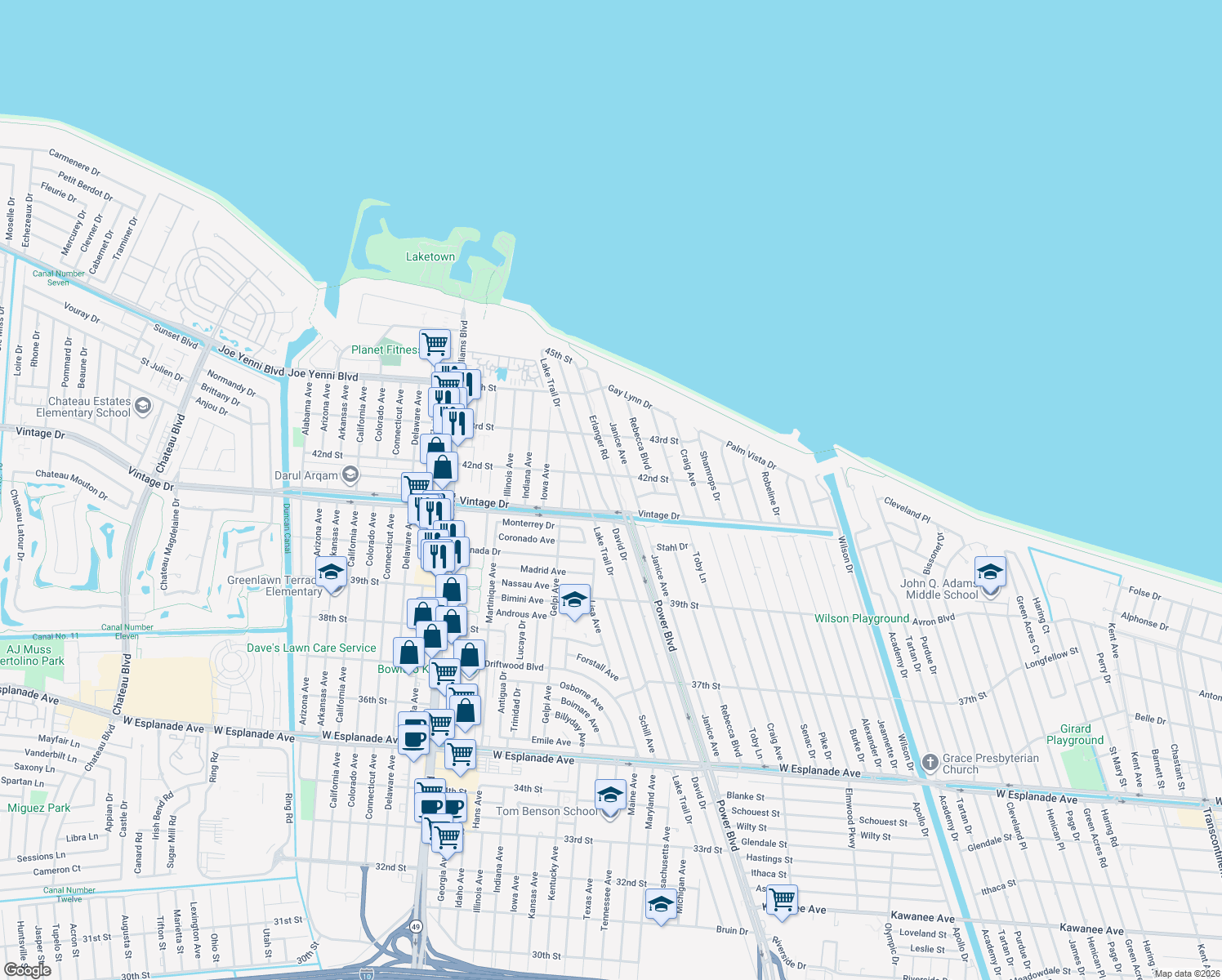 map of restaurants, bars, coffee shops, grocery stores, and more near 5328 Erlanger Road in Kenner