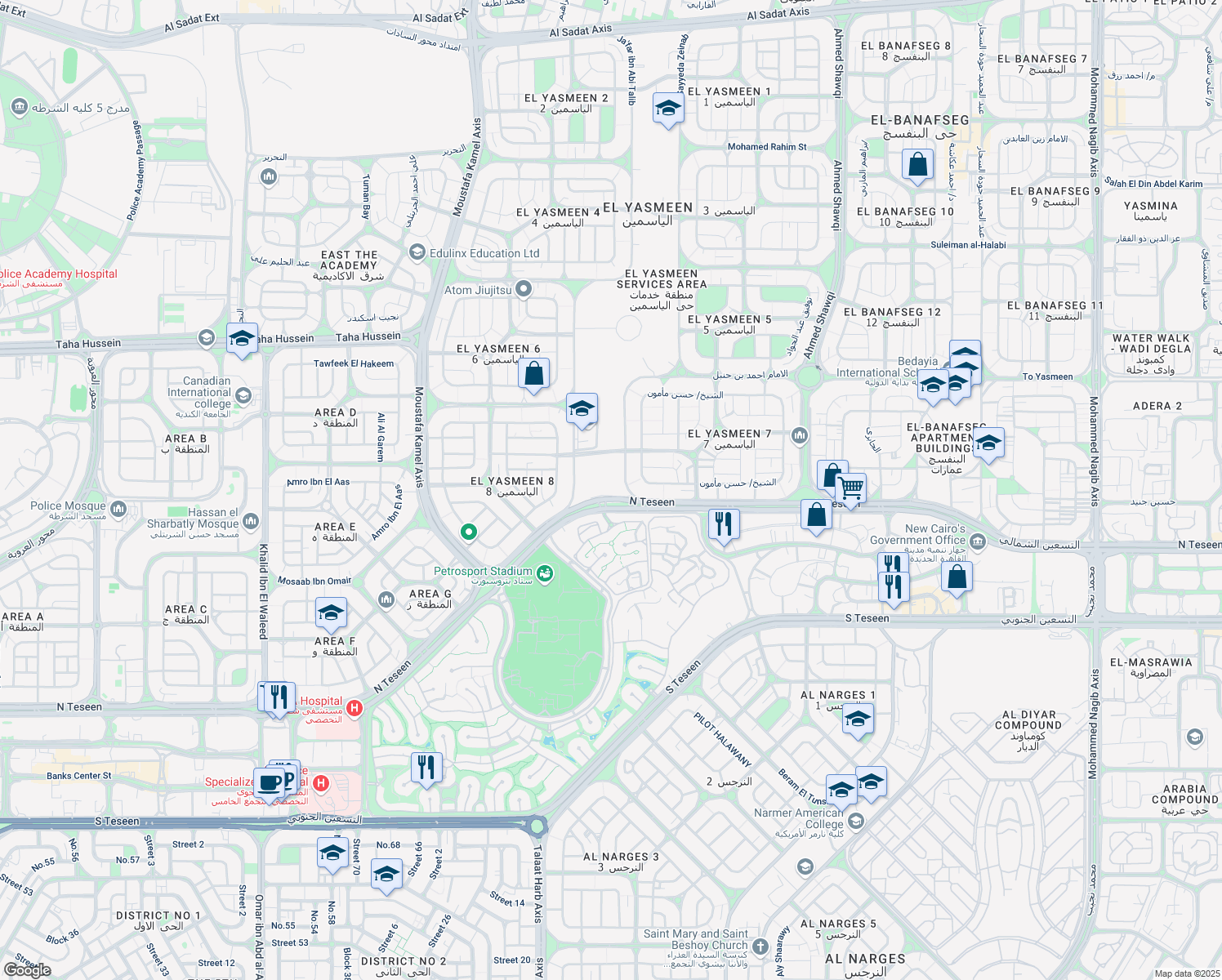 map of restaurants, bars, coffee shops, grocery stores, and more near فيلا ١٦٧ North Teseen in New Cairo 1