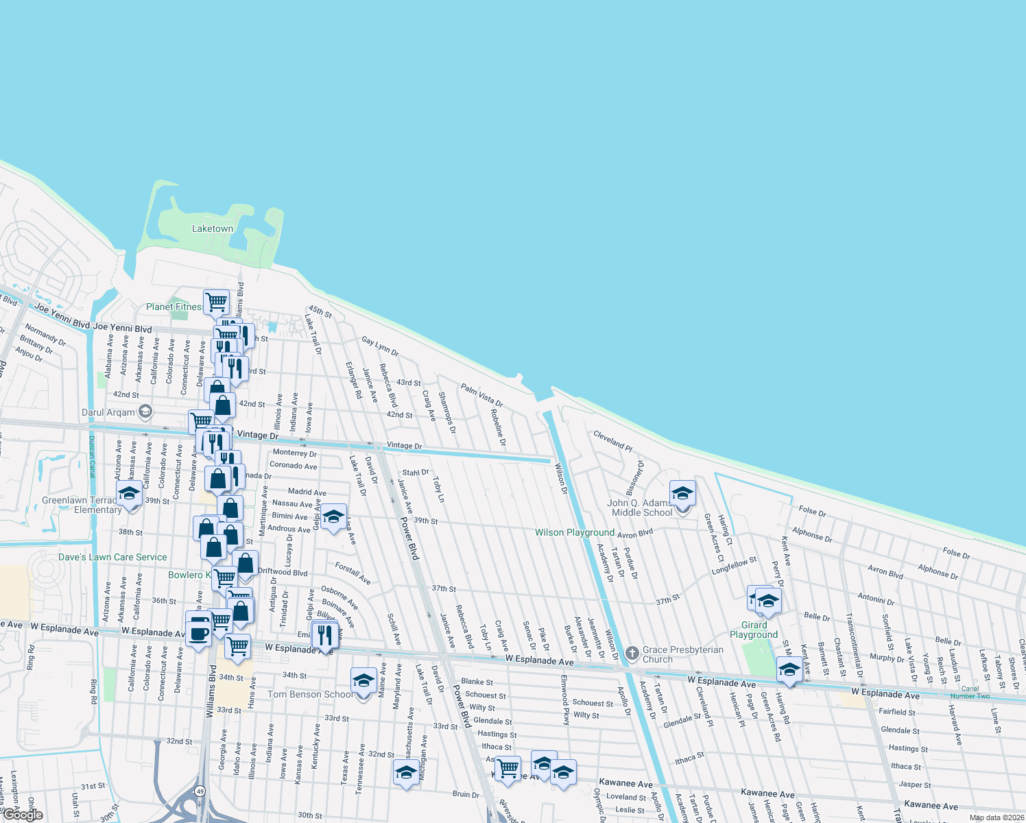 map of restaurants, bars, coffee shops, grocery stores, and more near 5300 Washingtonian Drive in Metairie