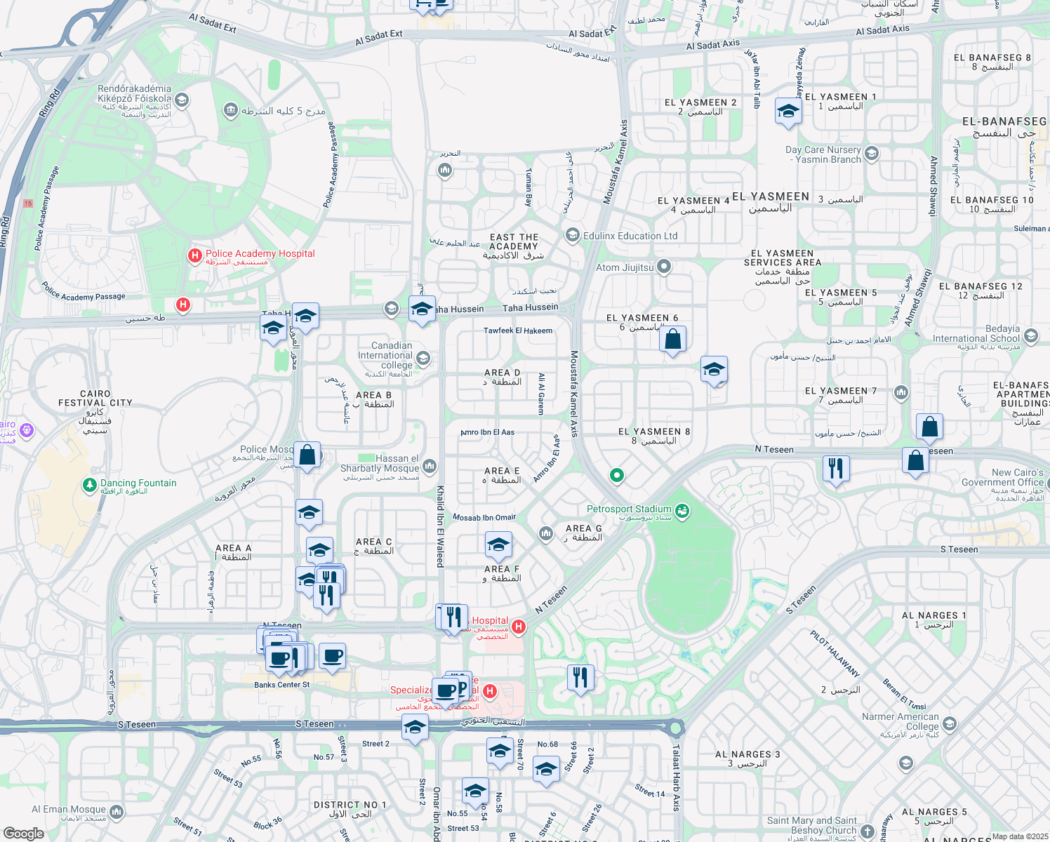 map of restaurants, bars, coffee shops, grocery stores, and more near 3 ميدان الياسمين in قسم أول القاهرة الجديدة