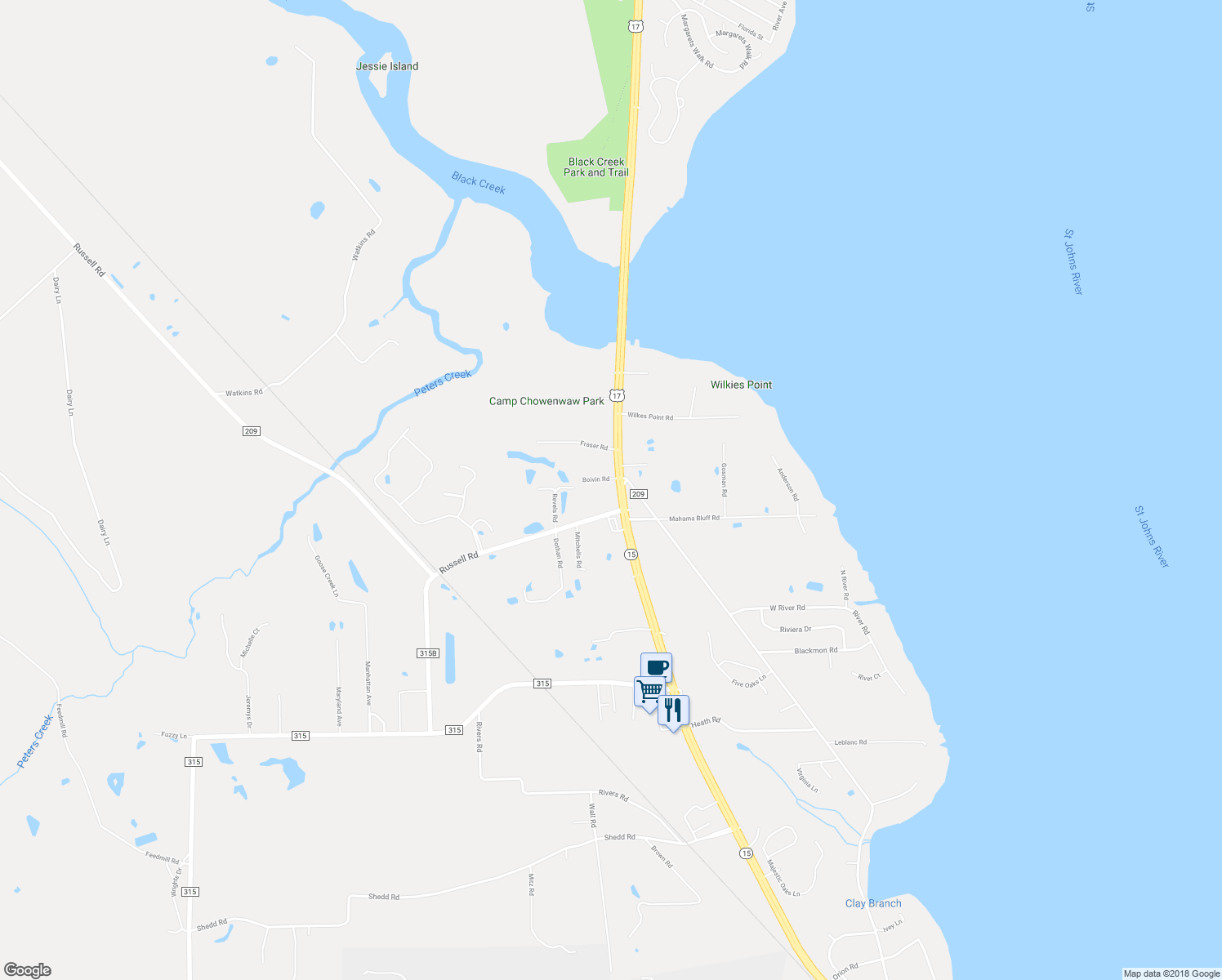 map of restaurants, bars, coffee shops, grocery stores, and more near 3056 U.S. 17 in Green Cove Springs