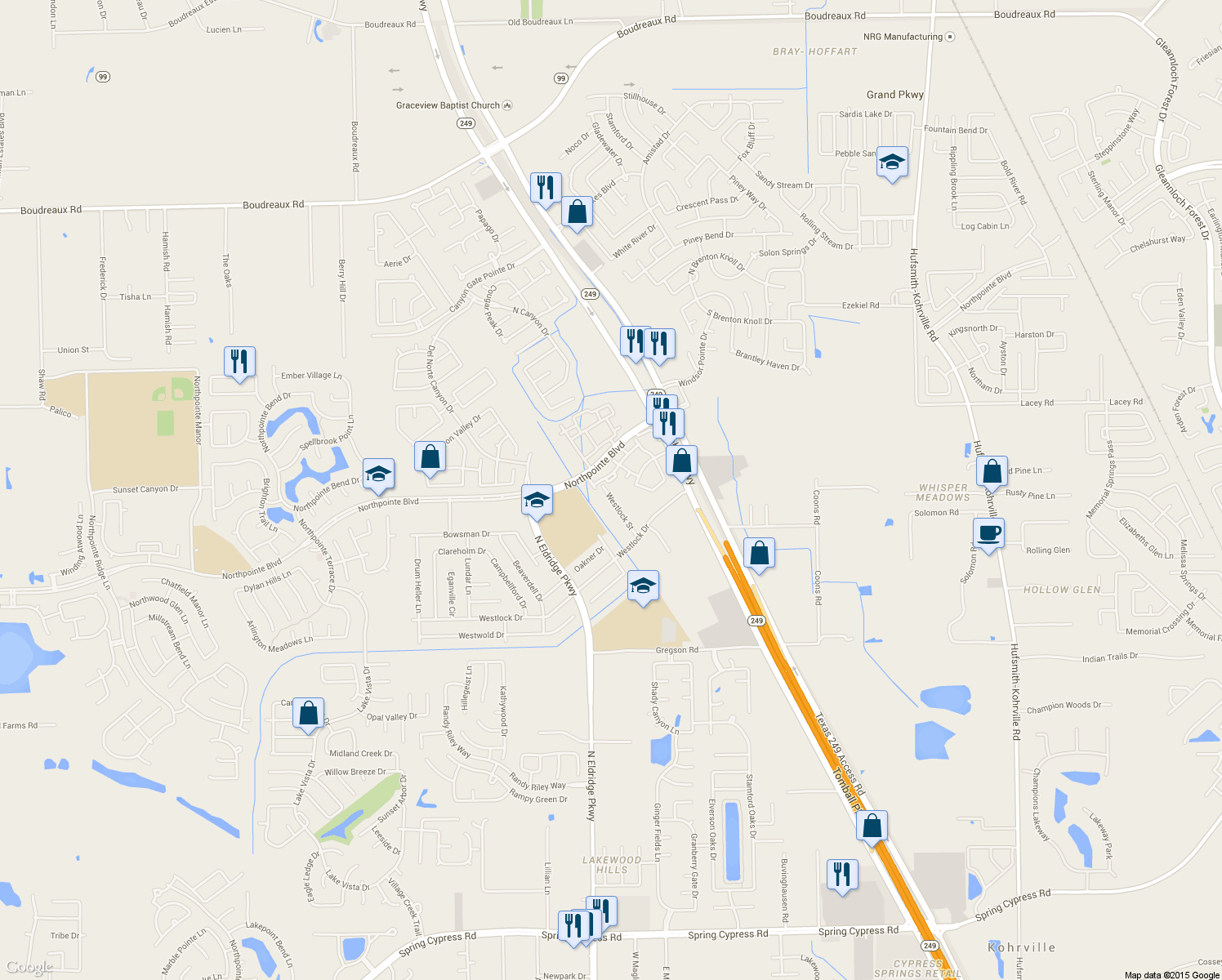 map of restaurants, bars, coffee shops, grocery stores, and more near 18350 Westlock Street in Tomball