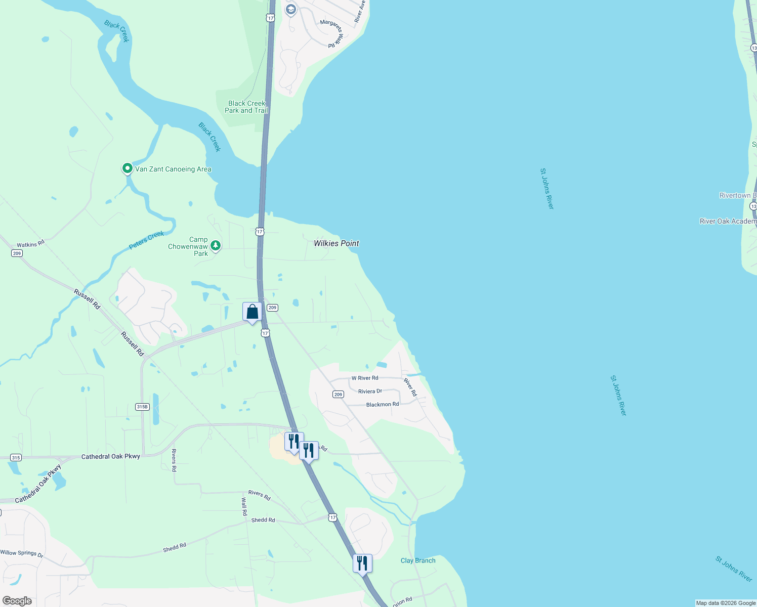 map of restaurants, bars, coffee shops, grocery stores, and more near 3089 Anderson Road in Green Cove Springs