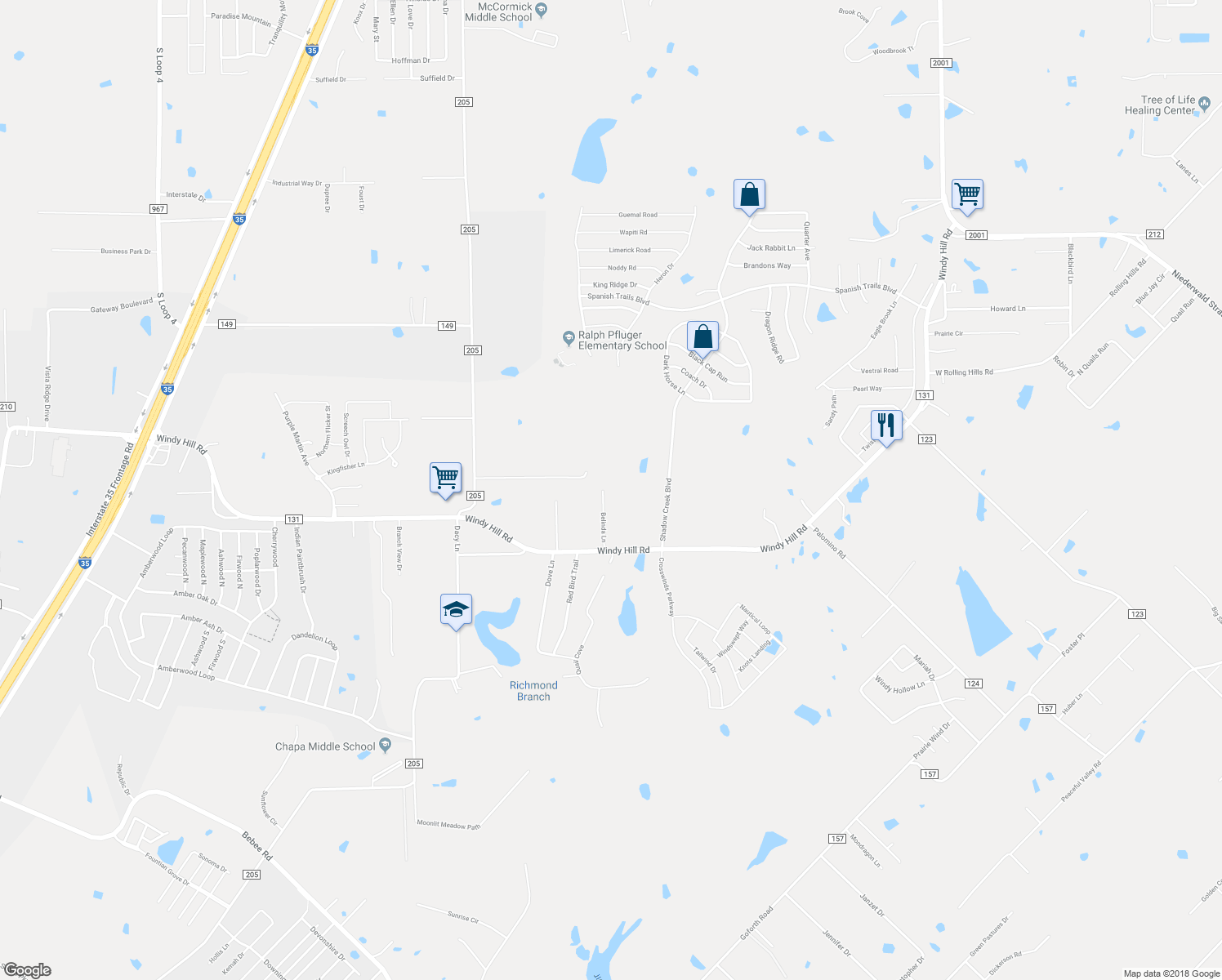 map of restaurants, bars, coffee shops, grocery stores, and more near 103 Belinda Lane in Kyle