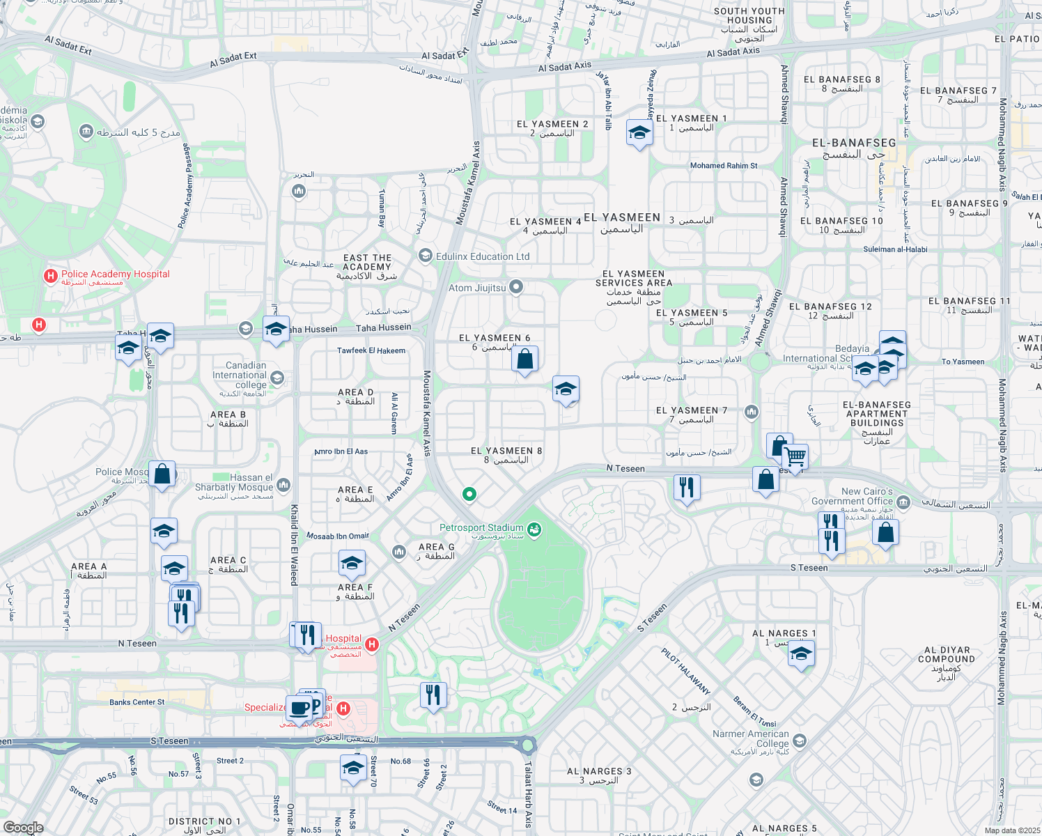 map of restaurants, bars, coffee shops, grocery stores, and more near in New Cairo 1