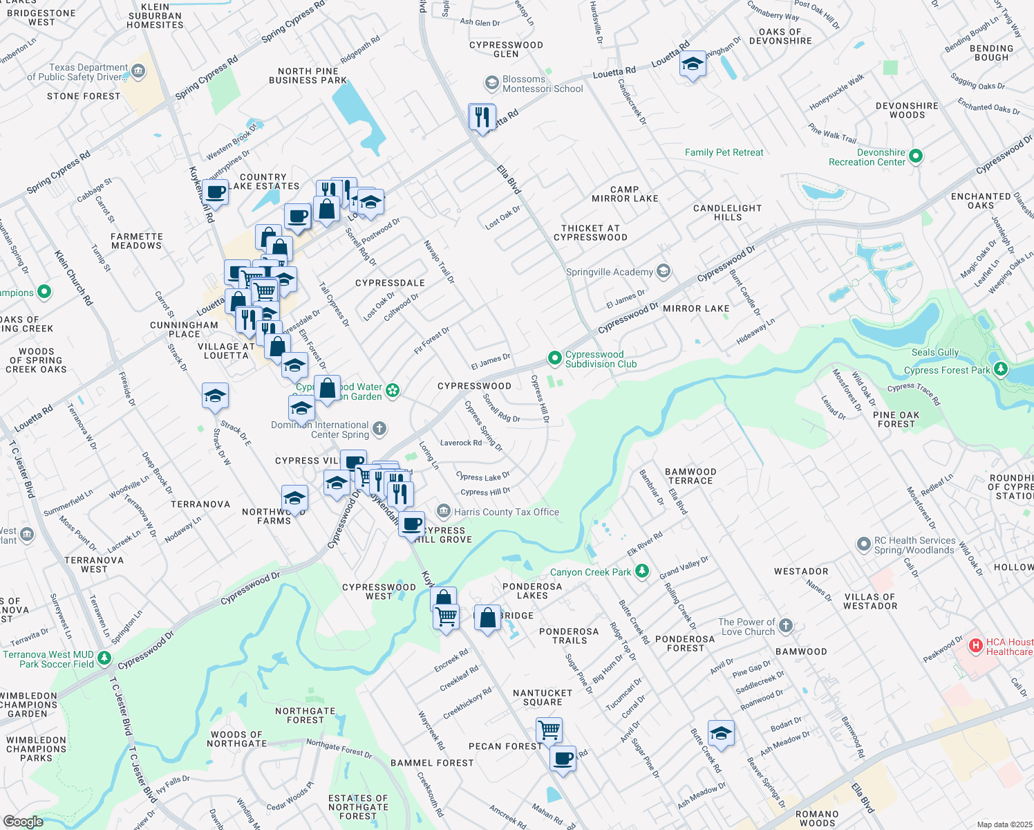 map of restaurants, bars, coffee shops, grocery stores, and more near 17502 Sorrel Ridge Dr in Spring