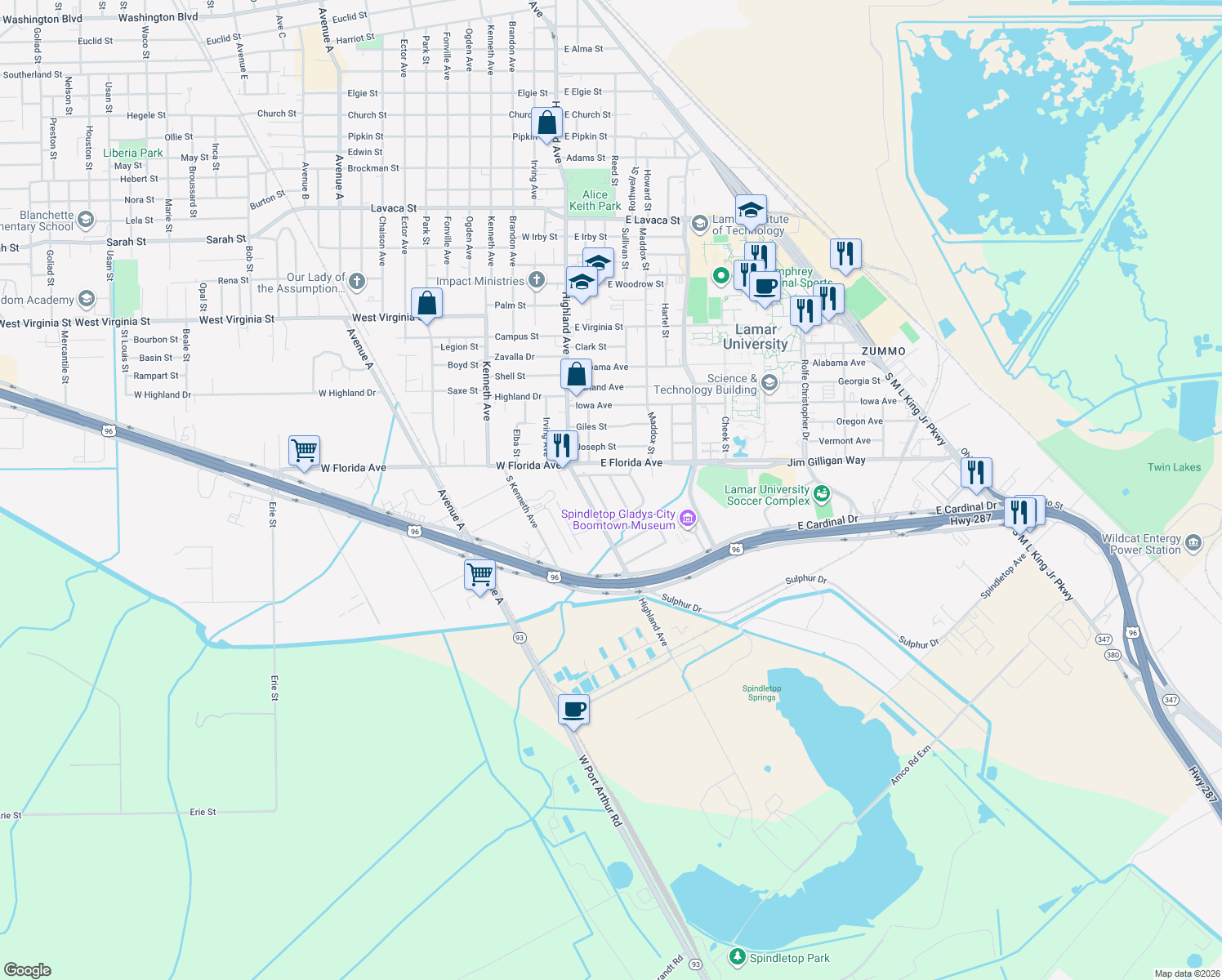 map of restaurants, bars, coffee shops, grocery stores, and more near 5260 Fairview Ave in Beaumont