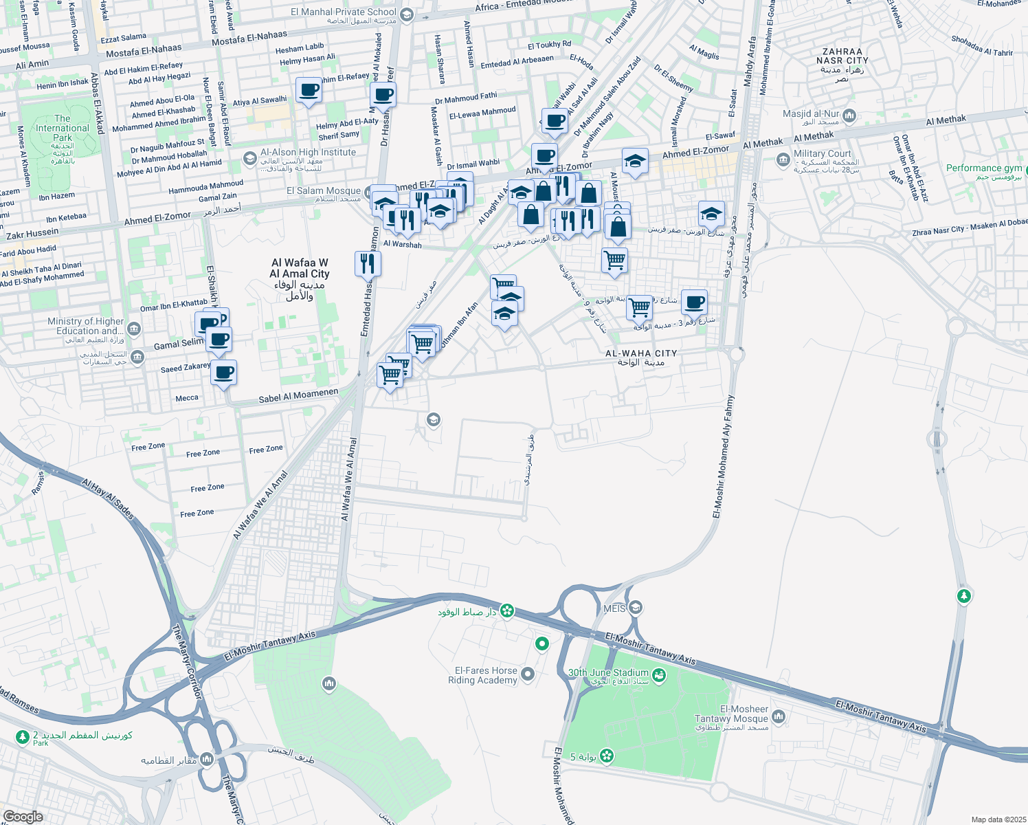 map of restaurants, bars, coffee shops, grocery stores, and more near in Nasr City