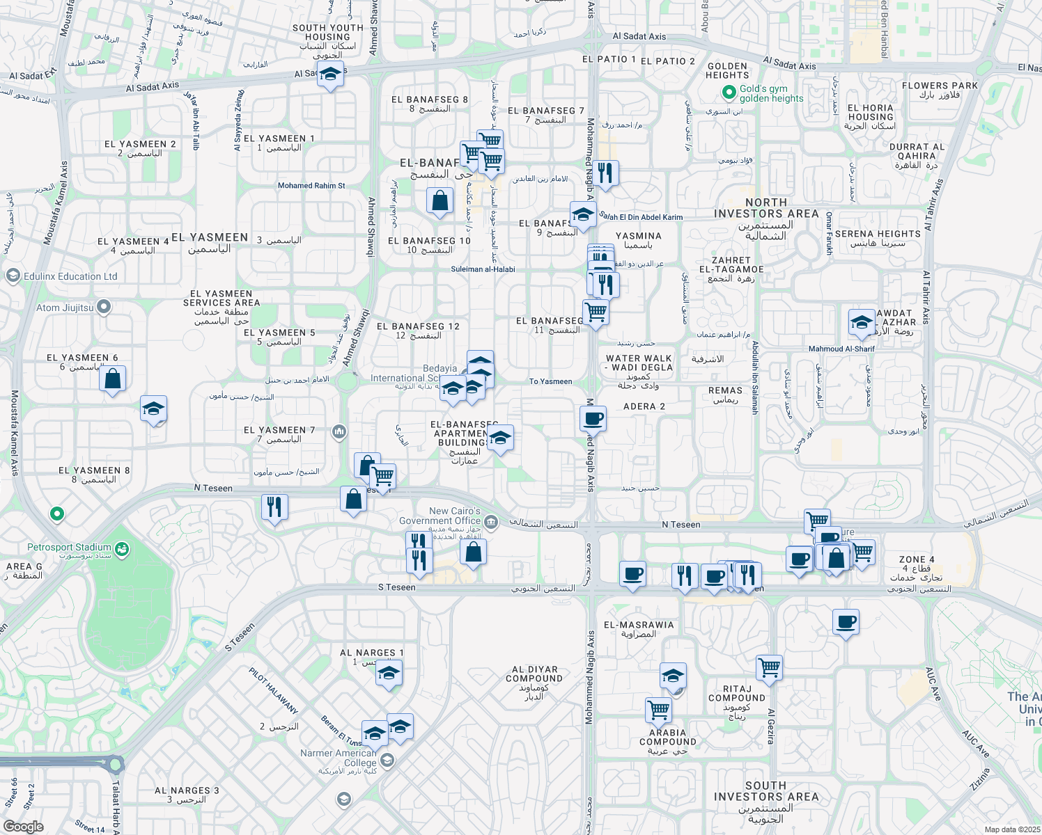 map of restaurants, bars, coffee shops, grocery stores, and more near in New Cairo 1