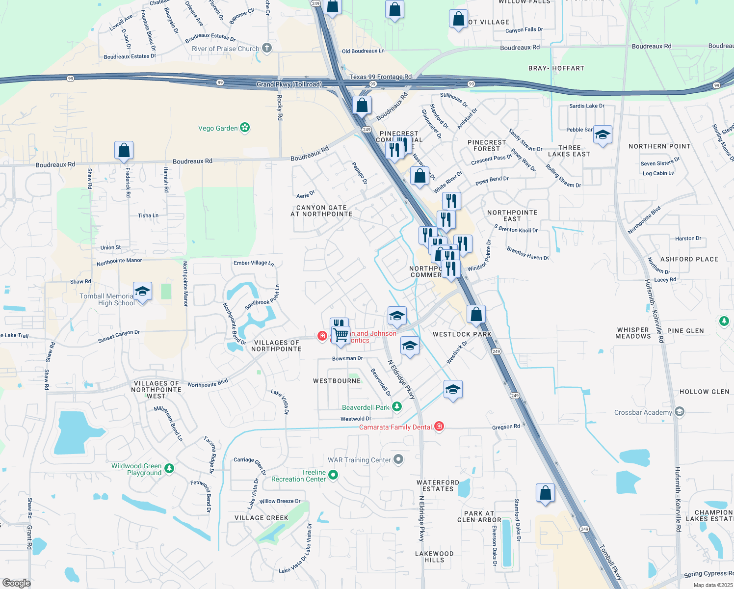 map of restaurants, bars, coffee shops, grocery stores, and more near 11903 Canyon Rock Ln in Tomball