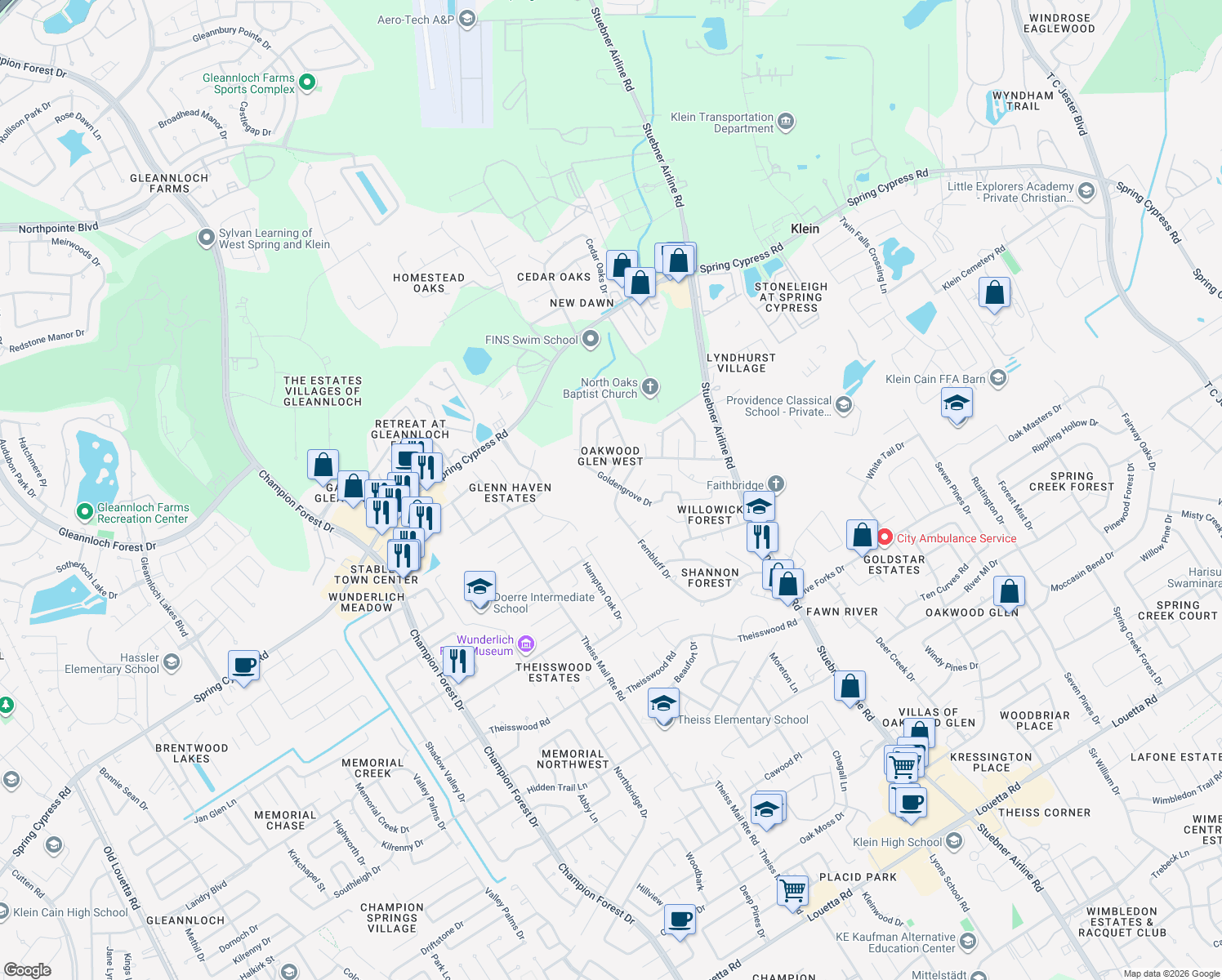 map of restaurants, bars, coffee shops, grocery stores, and more near 7907 Goldengrove Dr in Spring