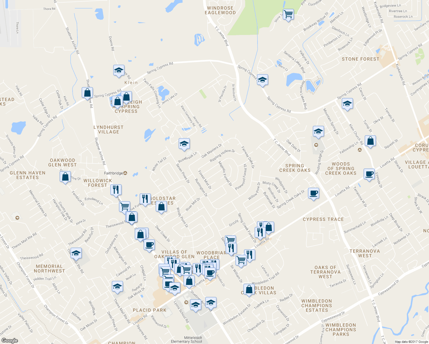 map of restaurants, bars, coffee shops, grocery stores, and more near 6522 Castle Pine Lane in Spring