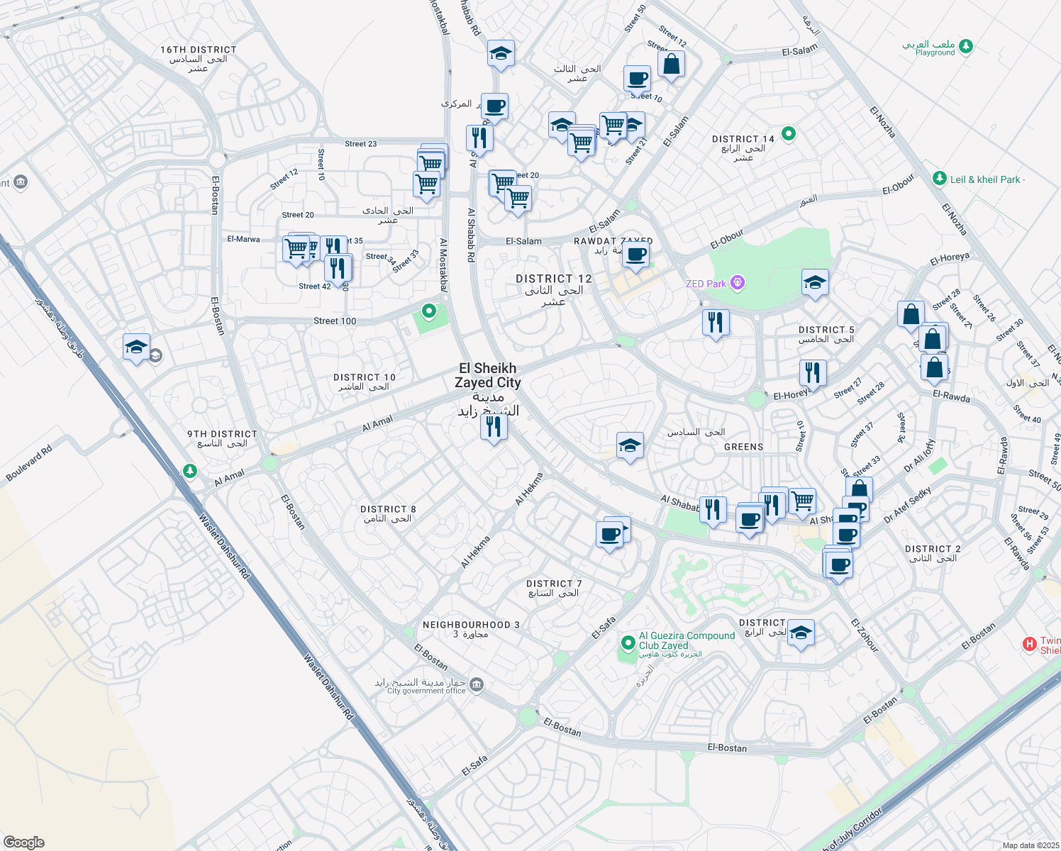 map of restaurants, bars, coffee shops, grocery stores, and more near in أول الشيخ زايد
