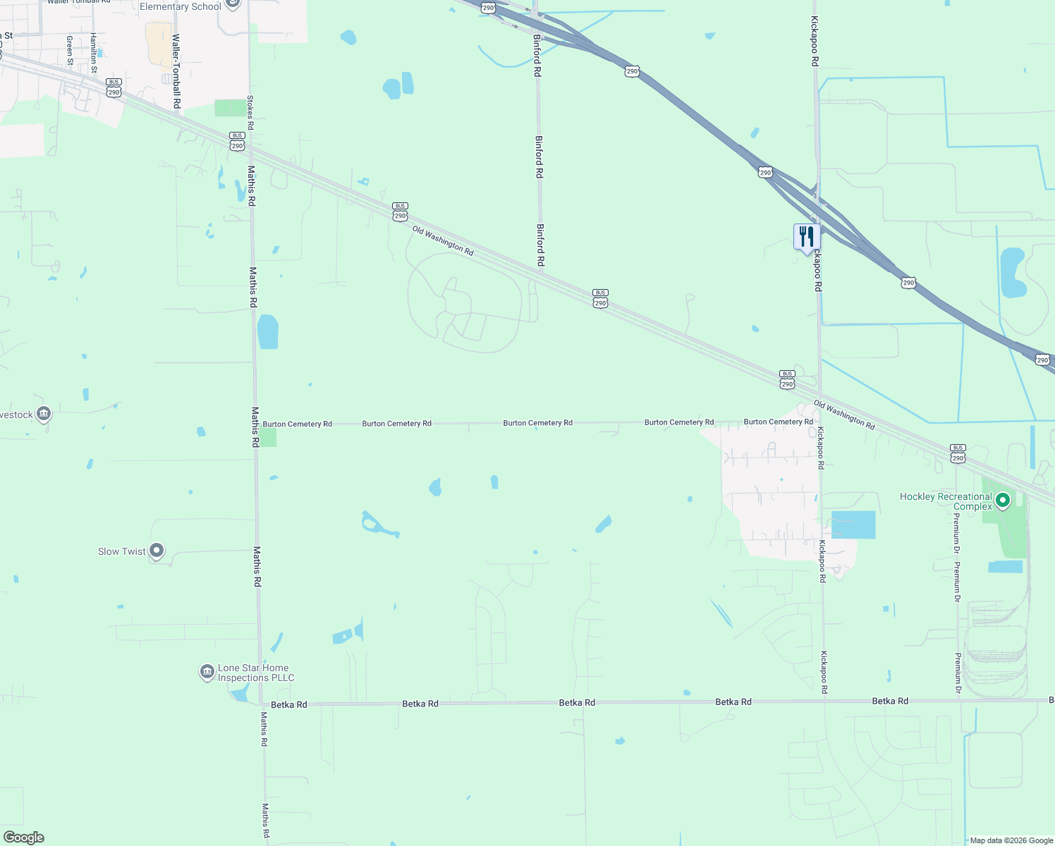 map of restaurants, bars, coffee shops, grocery stores, and more near Burton Cemetery Rd in Waller