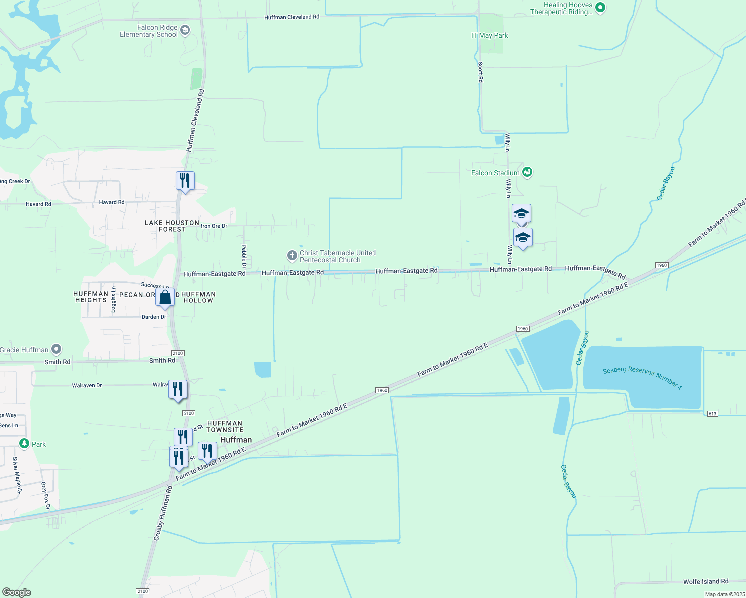 map of restaurants, bars, coffee shops, grocery stores, and more near 2728 Huffman-Eastgate Road in Huffman