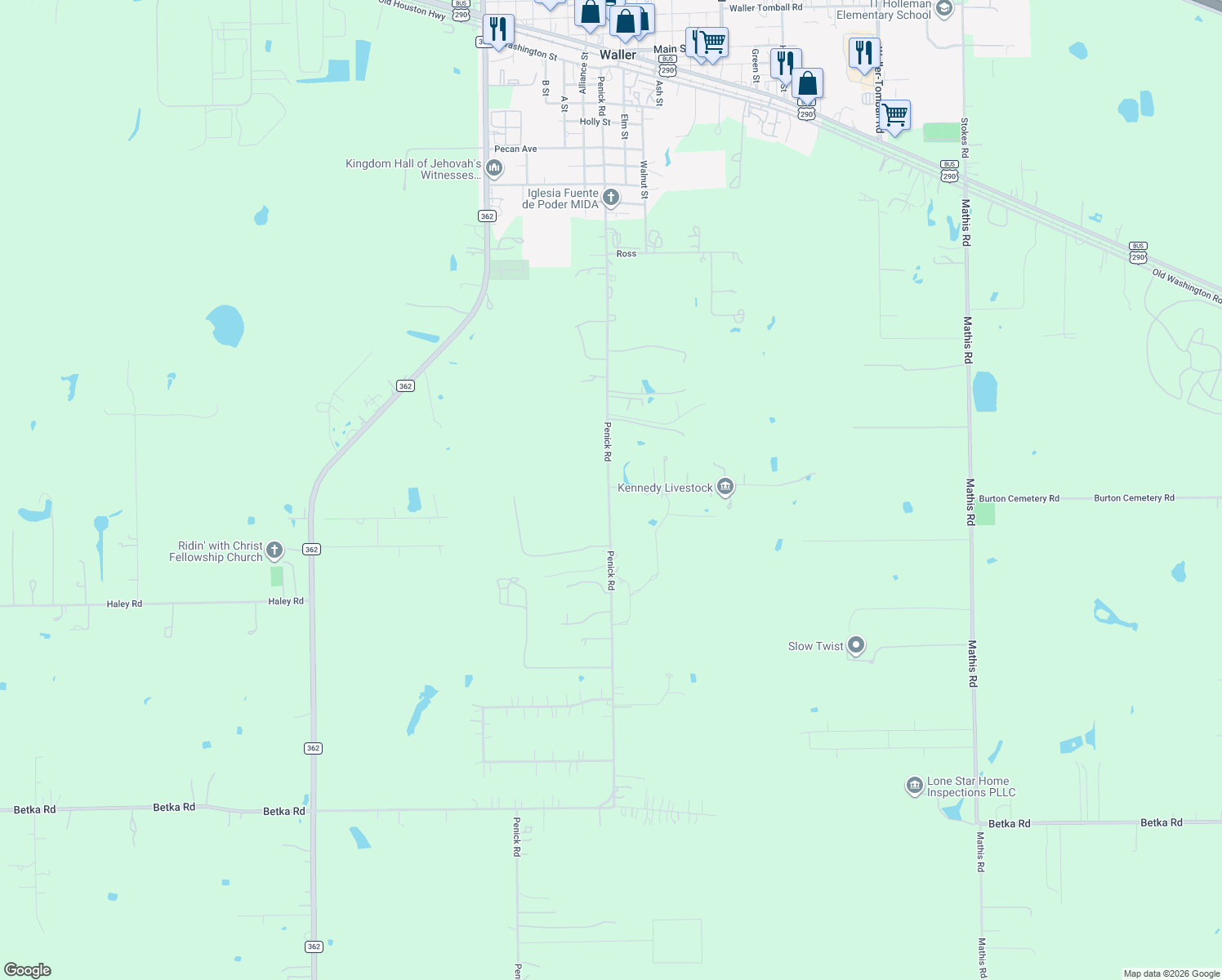 map of restaurants, bars, coffee shops, grocery stores, and more near 31514 Charter Lane in Waller