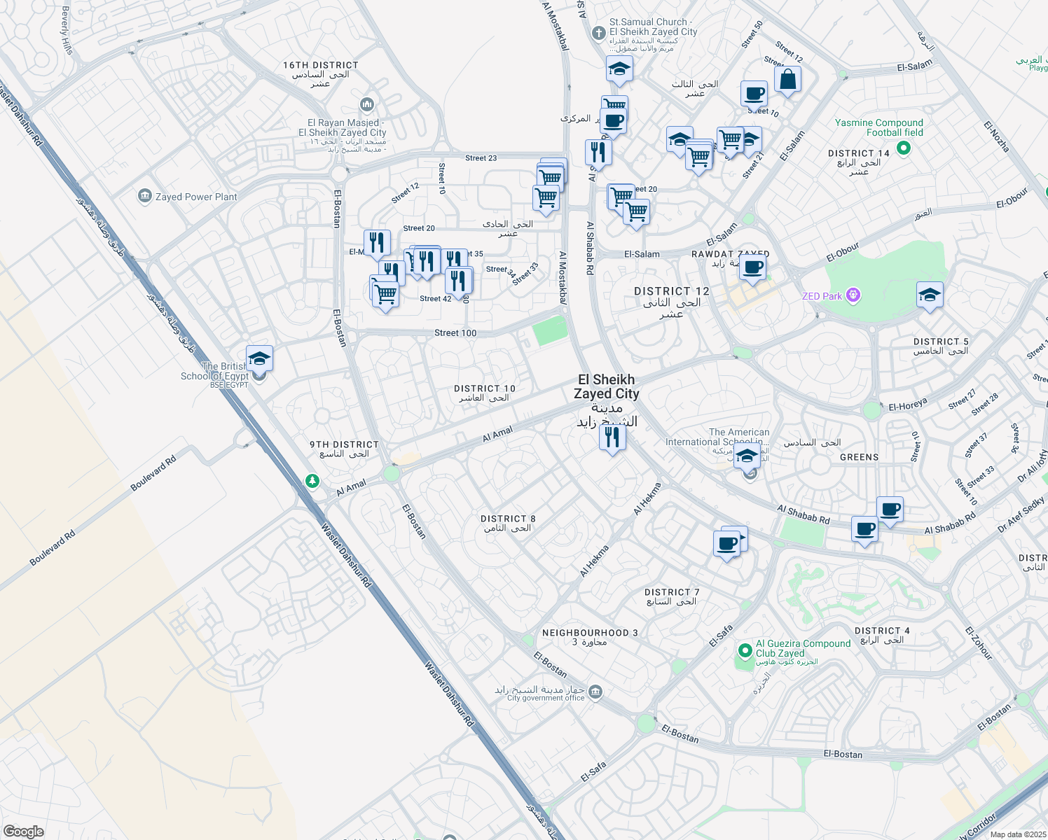 map of restaurants, bars, coffee shops, grocery stores, and more near 4th entry، 38 in Second Al Sheikh Zayed