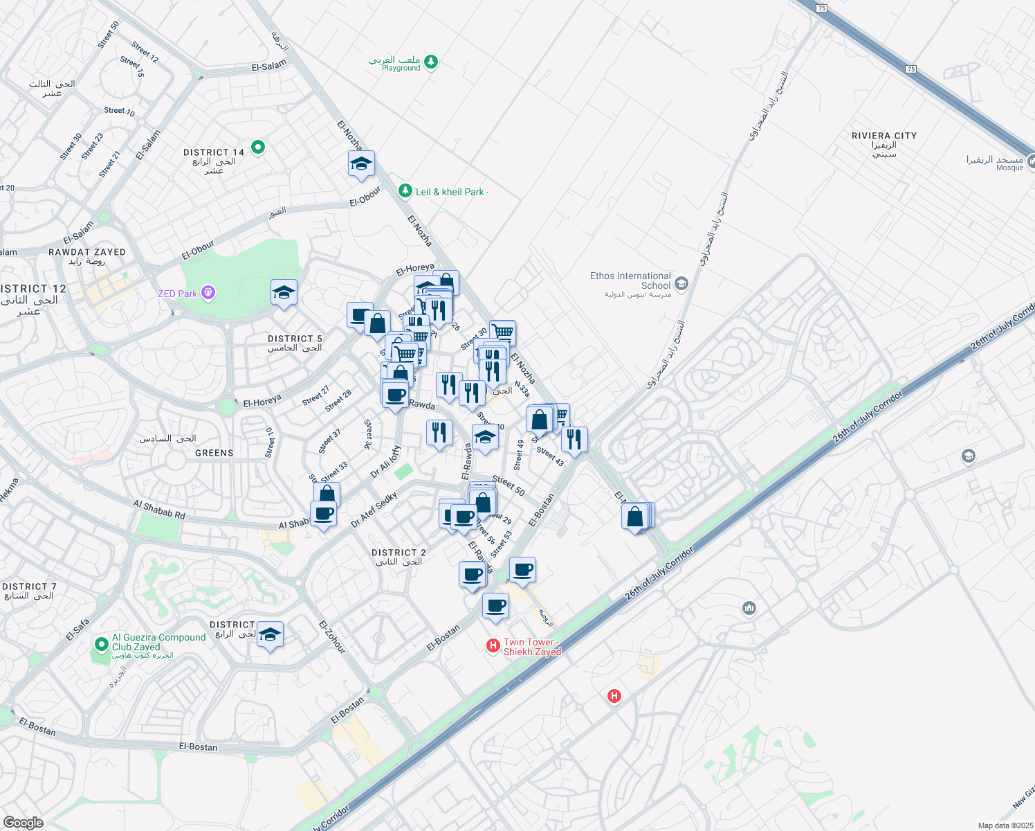 map of restaurants, bars, coffee shops, grocery stores, and more near 111 Ahmed Zewail Street in First Al Sheikh Zayed