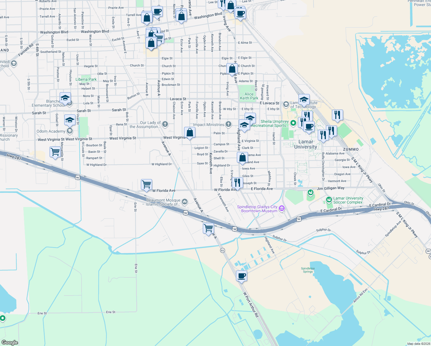 map of restaurants, bars, coffee shops, grocery stores, and more near 4970 Metz St in Beaumont