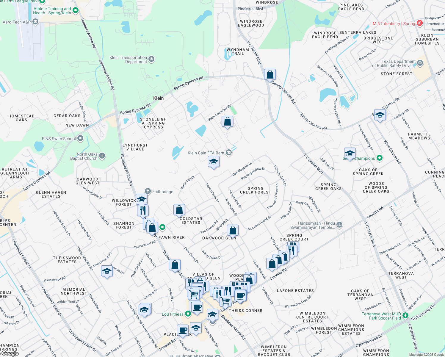 map of restaurants, bars, coffee shops, grocery stores, and more near 6702 Oak Masters Drive in Spring