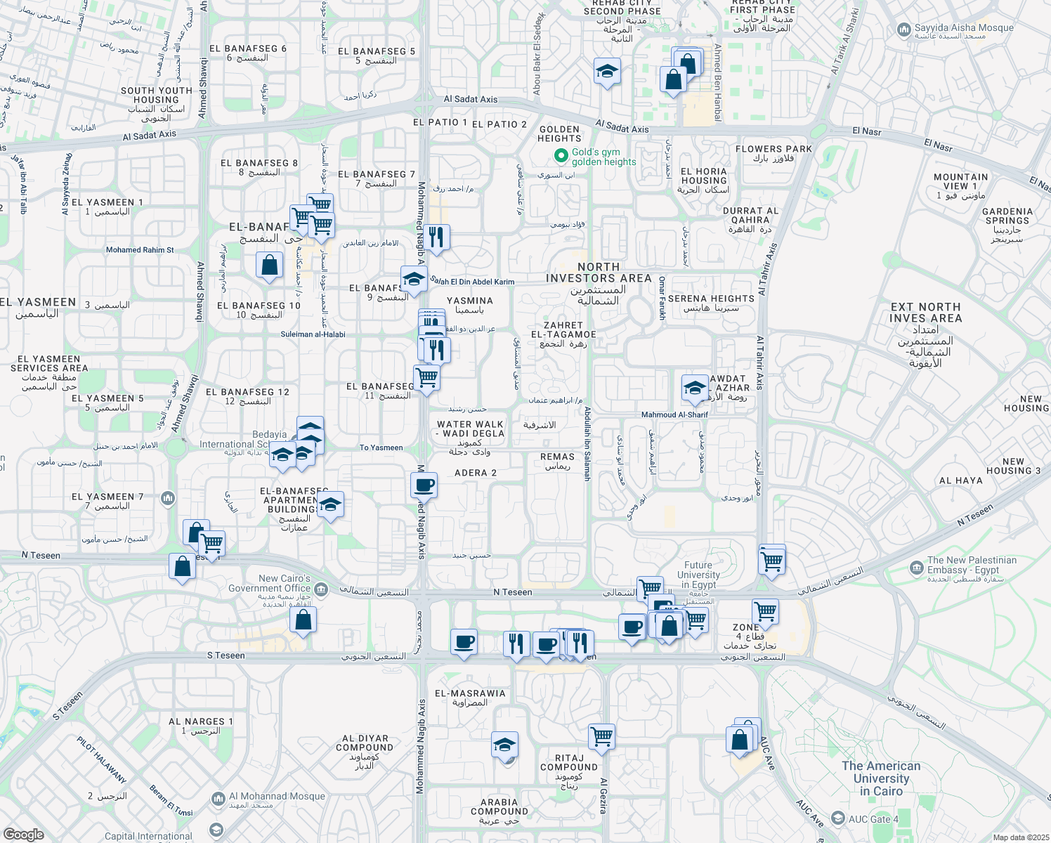 map of restaurants, bars, coffee shops, grocery stores, and more near in New Cairo 1