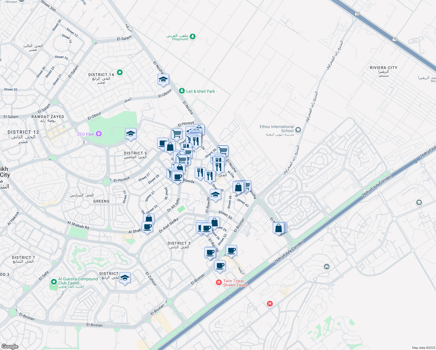map of restaurants, bars, coffee shops, grocery stores, and more near in أول الشيخ زايد