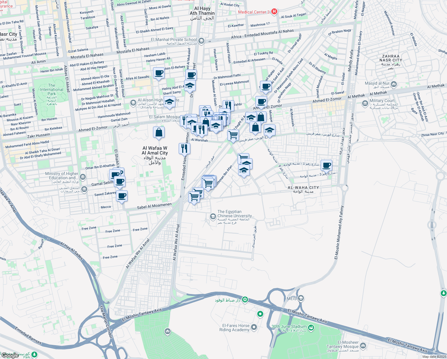 map of restaurants, bars, coffee shops, grocery stores, and more near in Nasr City