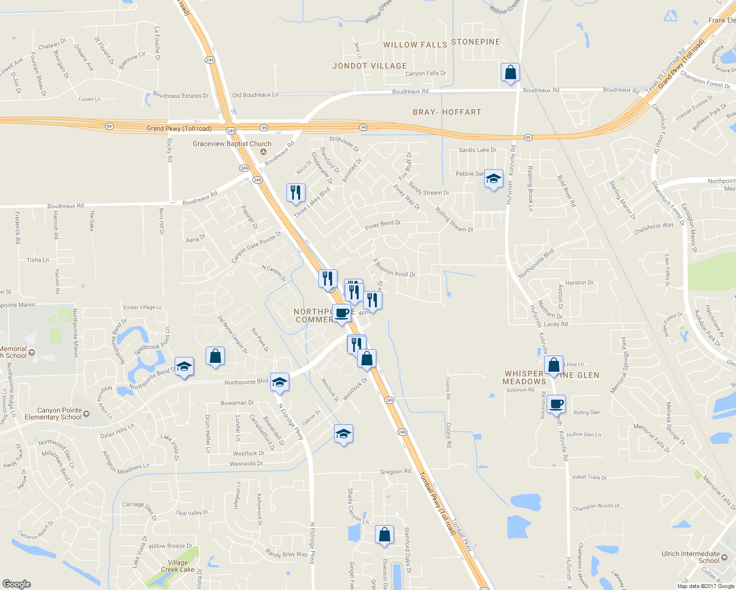 map of restaurants, bars, coffee shops, grocery stores, and more near 12227 Windsor Bay Court in Tomball
