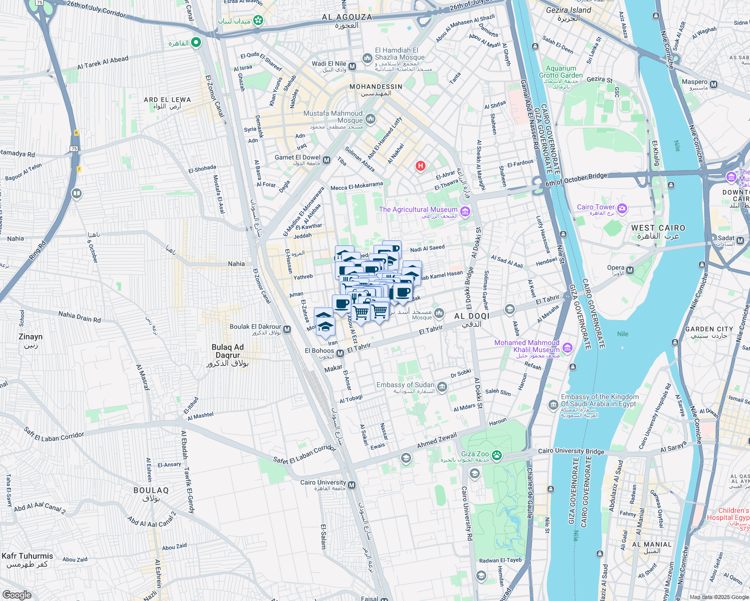 map of restaurants, bars, coffee shops, grocery stores, and more near El-Sahaba Mosque in Dokki