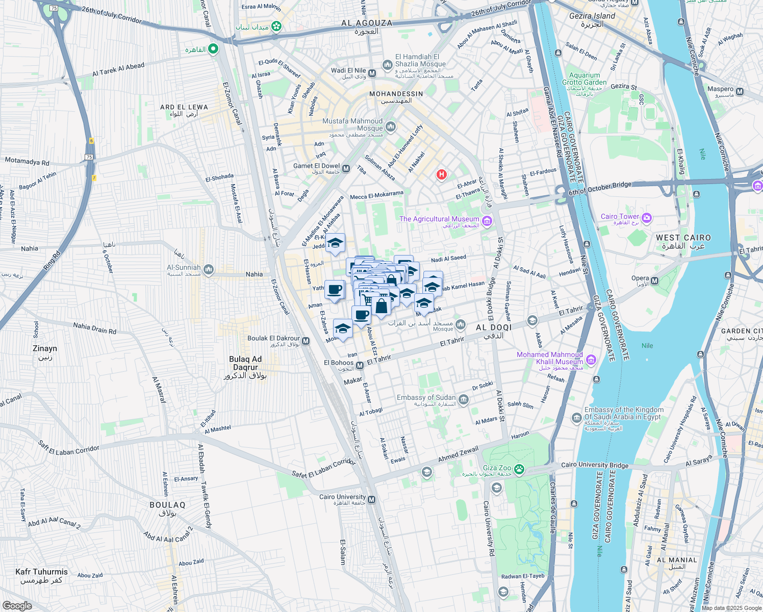 map of restaurants, bars, coffee shops, grocery stores, and more near El-Sahaba Mosque in Dokki