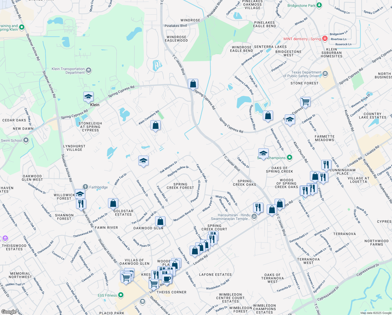 map of restaurants, bars, coffee shops, grocery stores, and more near 17702 Fairway Oaks Drive in Spring