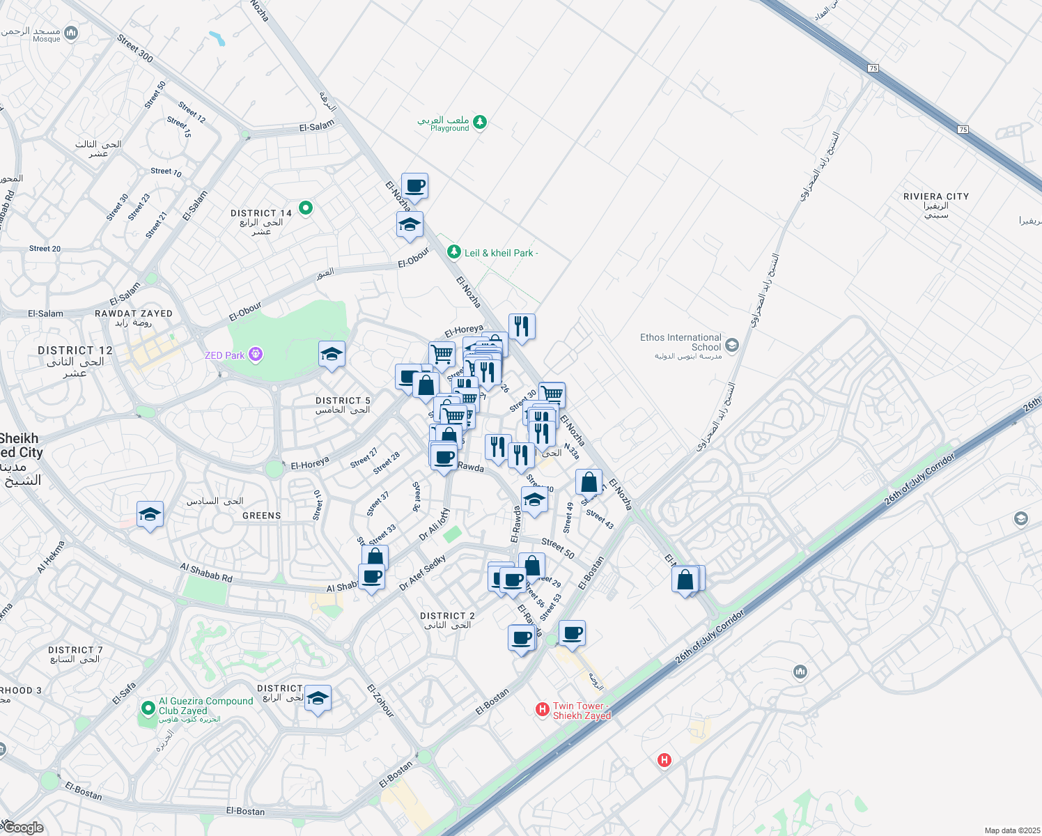 map of restaurants, bars, coffee shops, grocery stores, and more near in أول الشيخ زايد