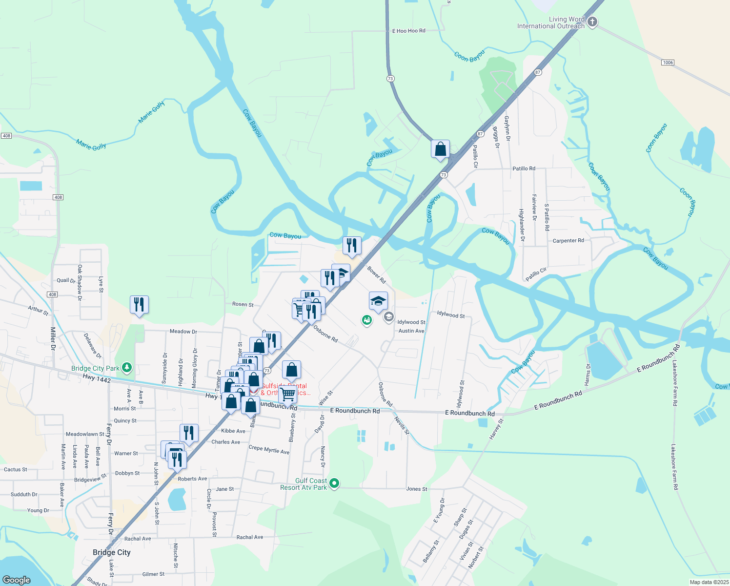 map of restaurants, bars, coffee shops, grocery stores, and more near 162 Champagne Drive in Bridge City