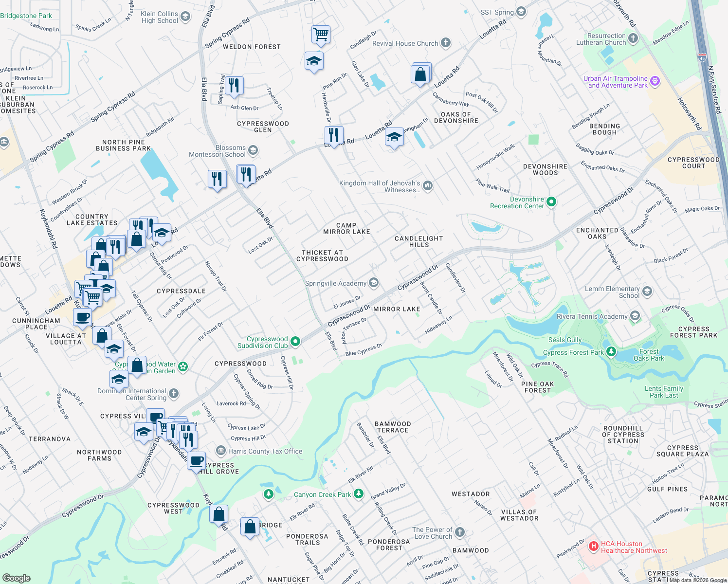 map of restaurants, bars, coffee shops, grocery stores, and more near 18406 Forest Elms Drive in Spring