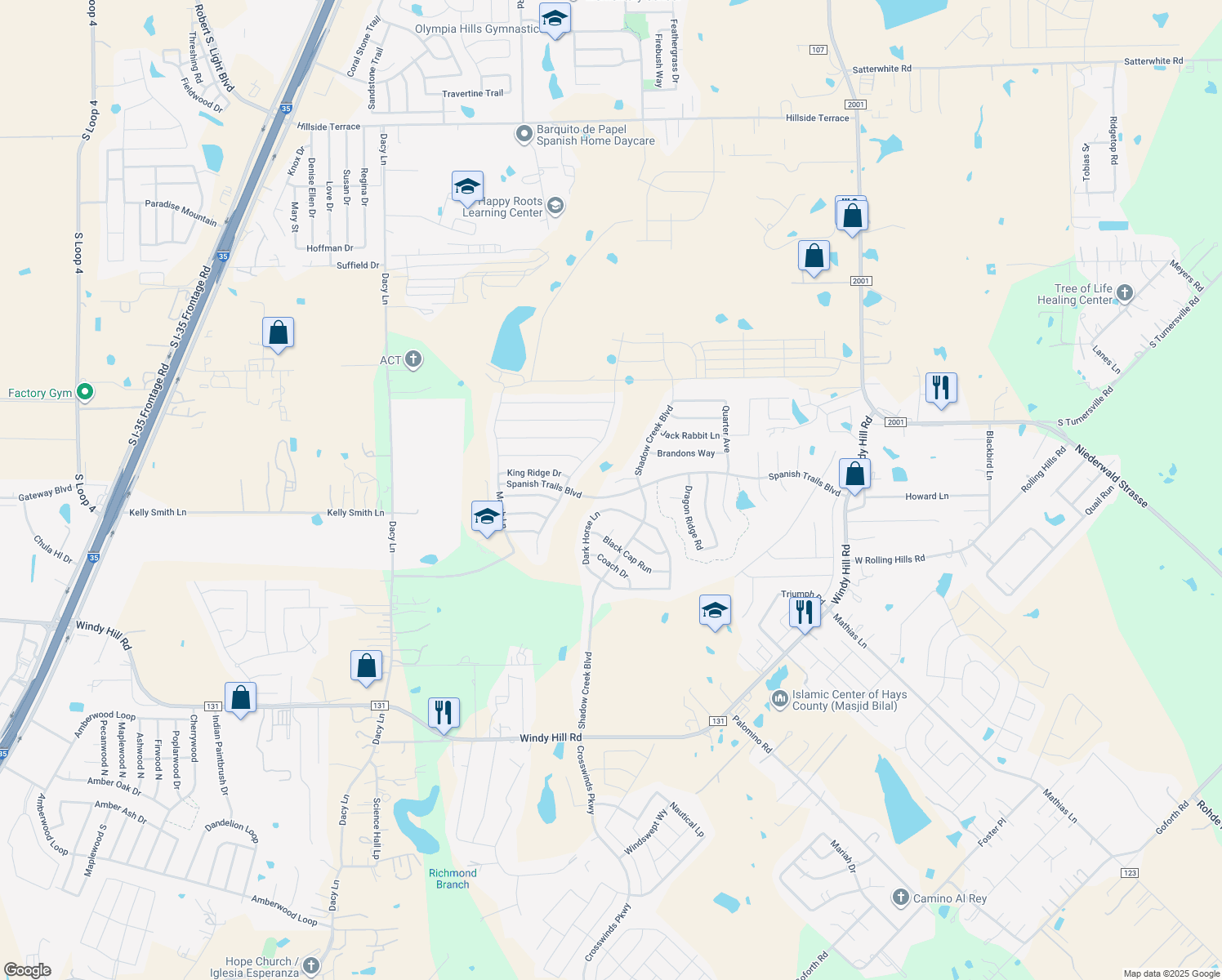 map of restaurants, bars, coffee shops, grocery stores, and more near 187 Desert Eagle in Buda